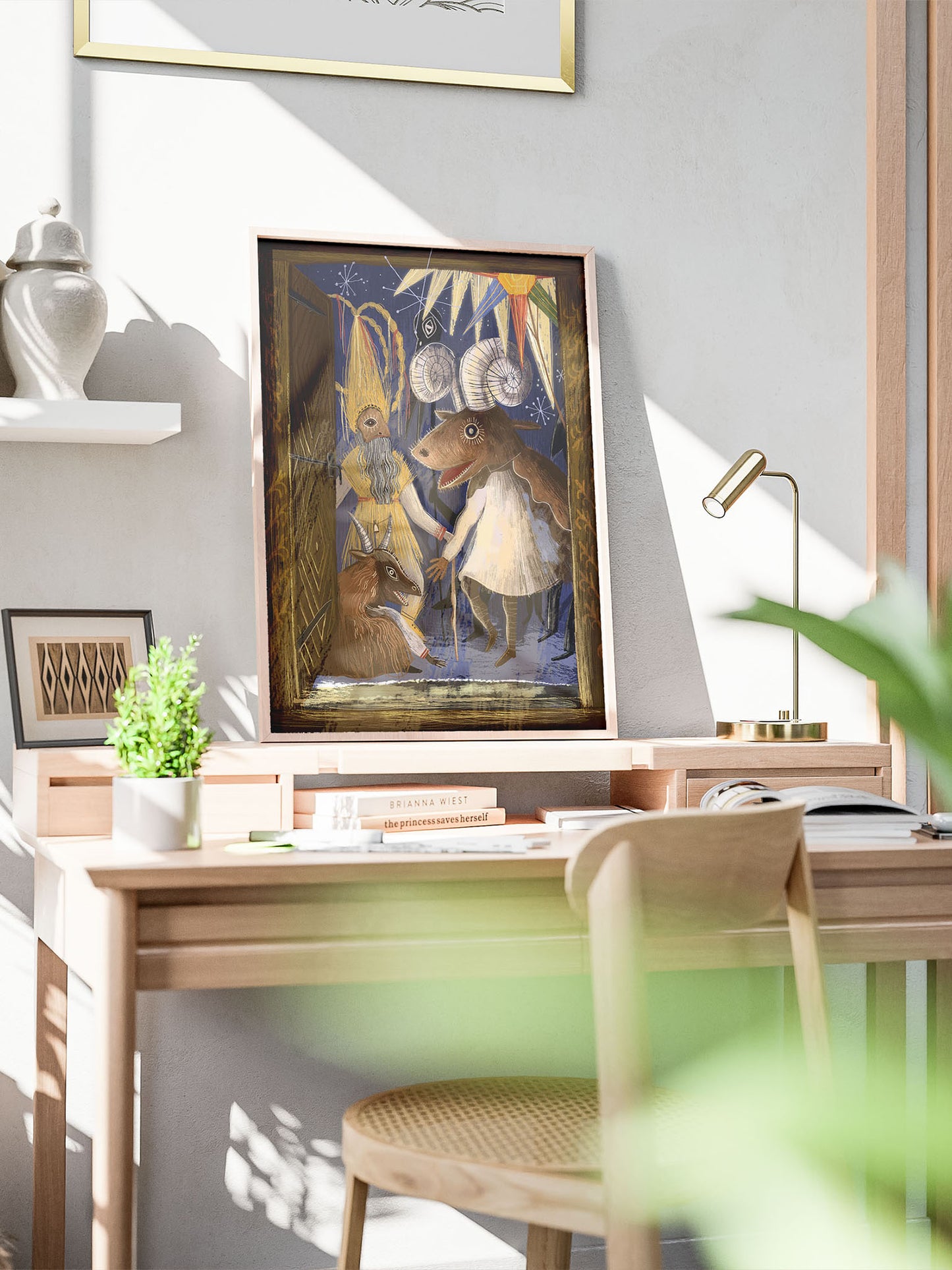 „Kolędnicy" – wydruk Giclée na papierze Fine Art Ilford Matt 235 gsm, nastrojowa ilustracja z grupą kolędników przy chacie zimową nocą