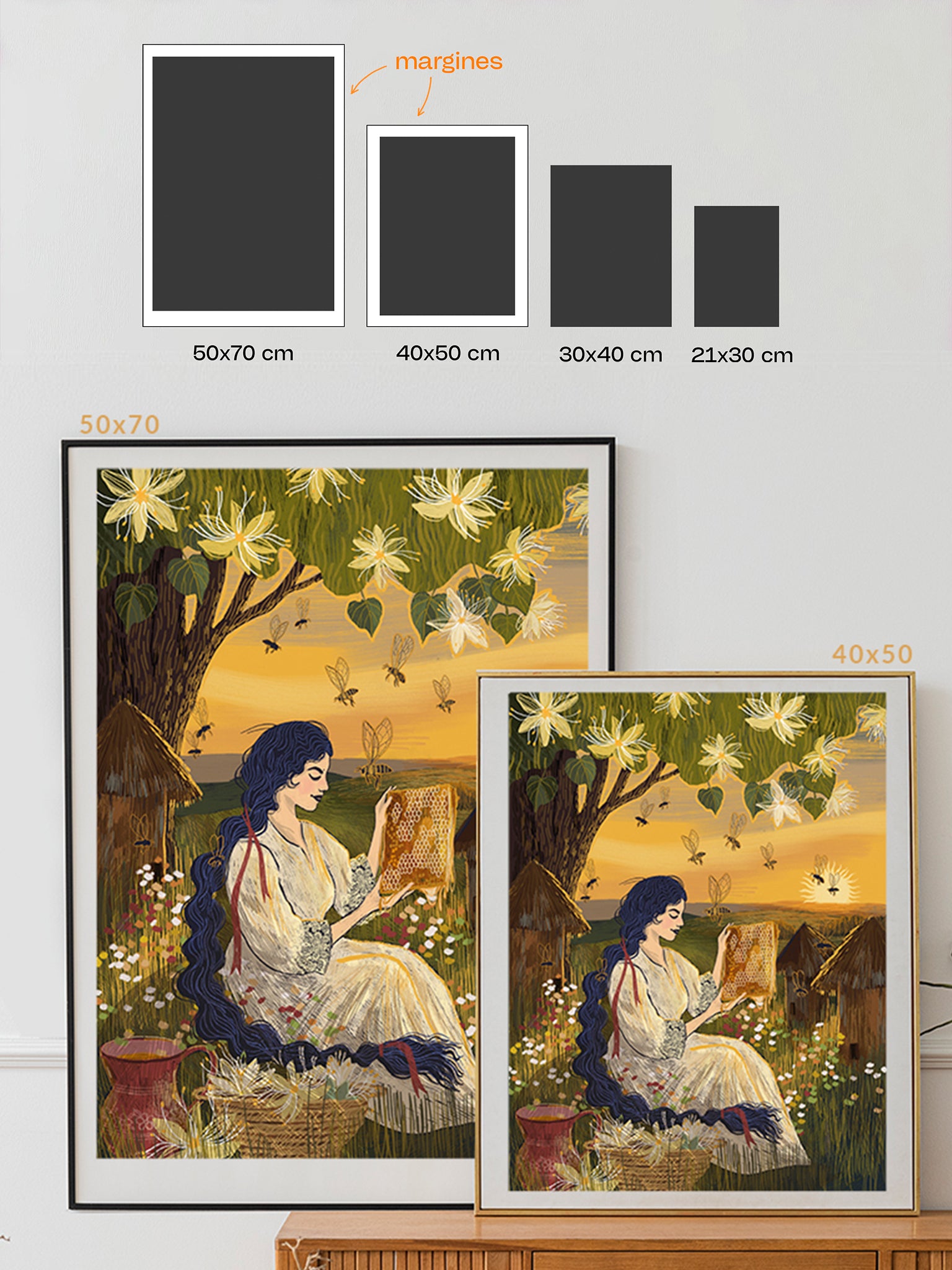 Porównanie dostępnych rozmiarów wydruku „Kraina miodu" – 21×30, 30×40, 40×50 i 50×70 cm, wydruk Giclée Fine Art