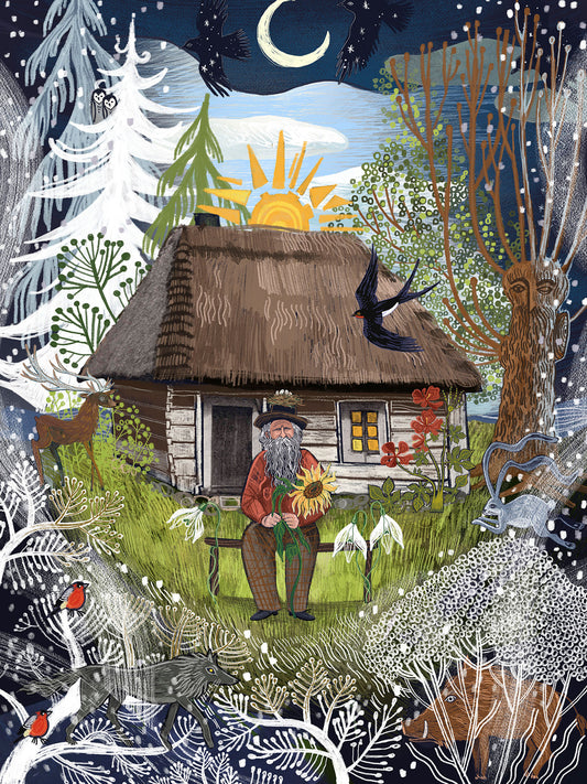 Wydruk artystyczny „Kraina Wiecznej Wiosny" Natalii Noszczyńskiej – starszy mężczyzna przed chatą wśród kwiatów i zieleni w zimowym otoczeniu, Giclée Fine Art
