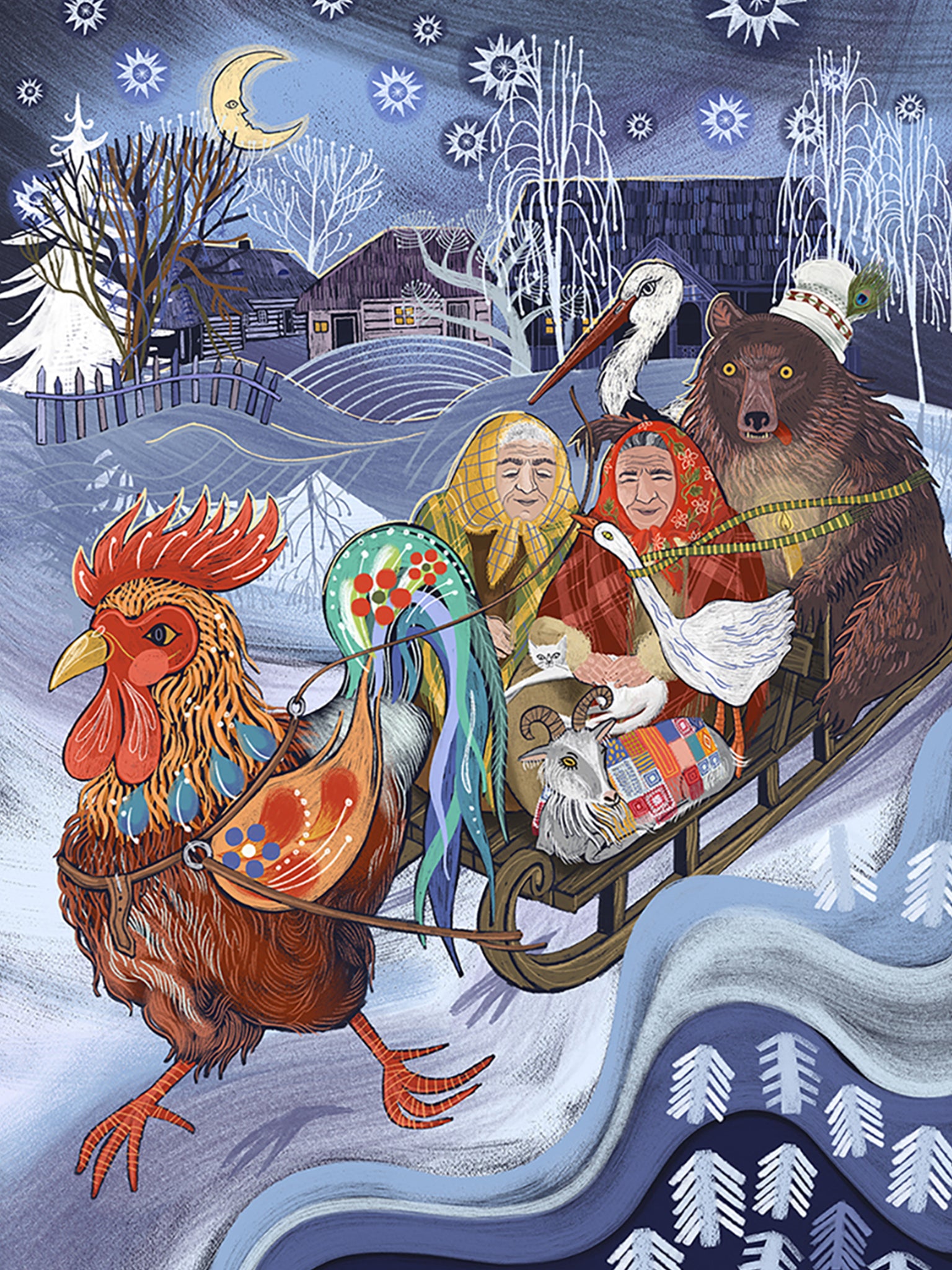 Wydruk artystyczny „Kulig" Natalii Noszczyńskiej – humorystyczna zimowa scena z saniami ciągniętymi przez koguta, Giclée Fine Art