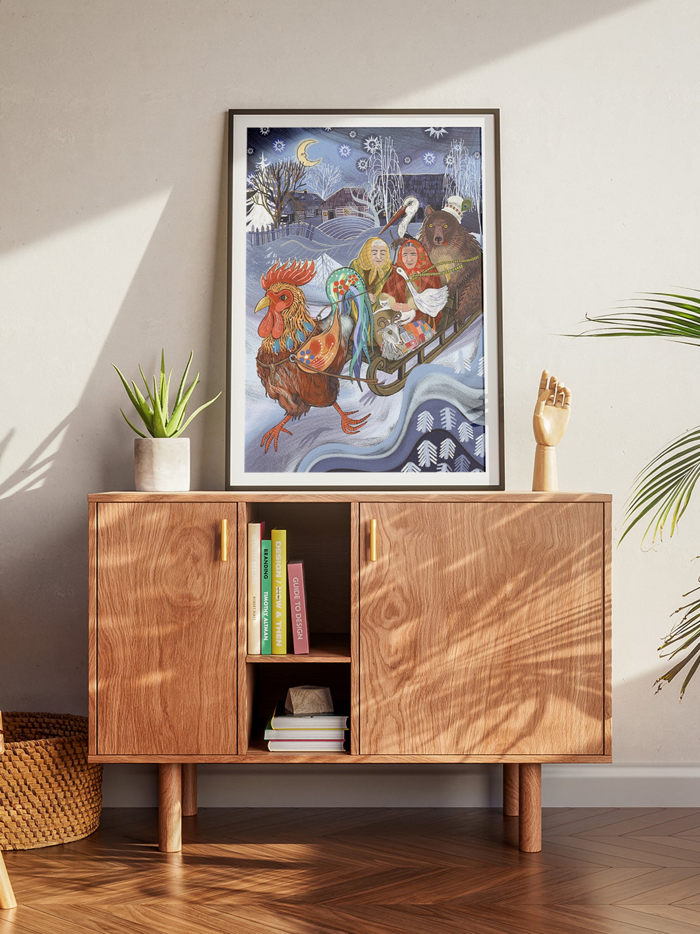 Ilustracja „Kulig" – symboliczna, humorystyczna scena zimowego kuliku z kogutkiem i zwierzętami, folk art print Black Dog Studio