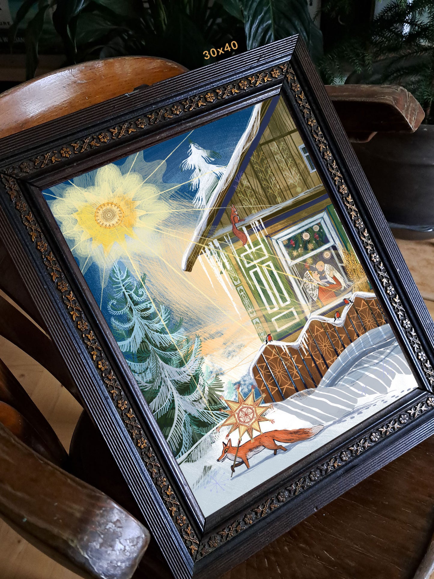 Detal ilustracji „Narodziny Słońca" – zbliżenie na matkę unoszącą dziecko ku światłu w zimowej scenerii, folk art print