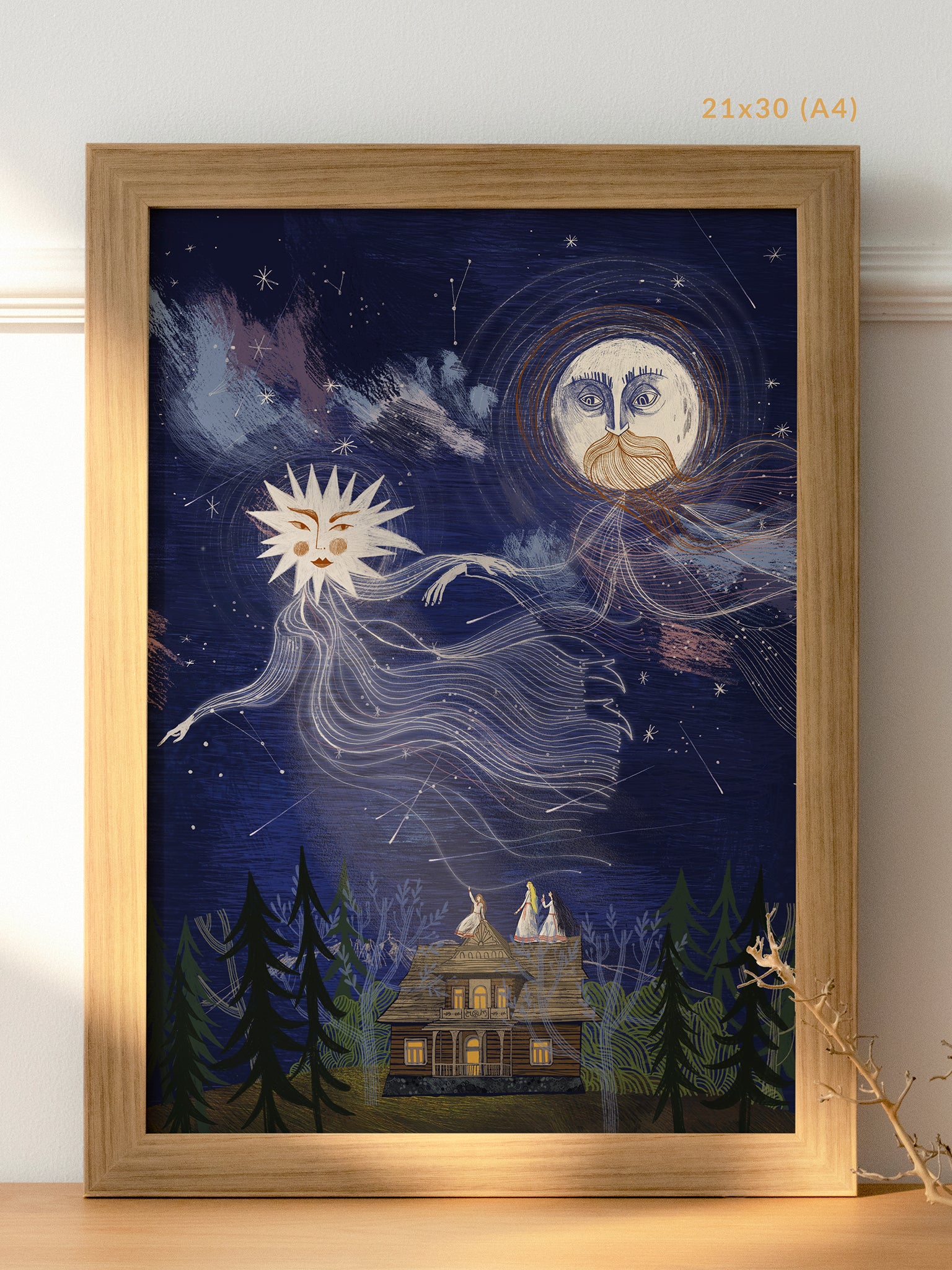 Wydruk Noc spełnionych marzeń w drewnianej ramie 21x30 cm A4 – Jutrzenka i Księżyc nad góralską chatą, trzy siostry na dachu, Perseidy na granatowym niebie