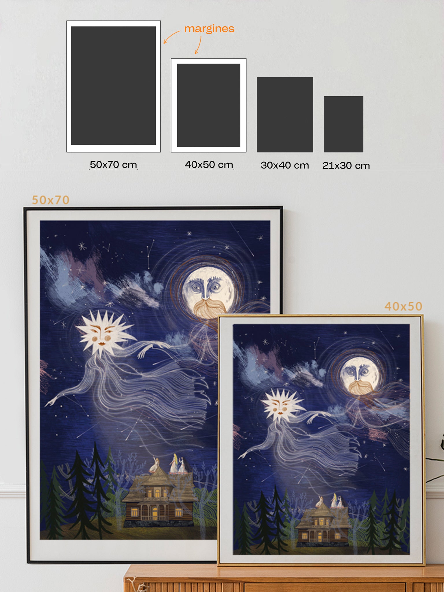 Porównanie rozmiarów wydruku Noc spełnionych marzeń – dostępne formaty 50x70 cm, 40x50 cm, 30x40 cm i 21x30 cm, ilustracja z Jutrzenką i Księżycem nad góralską chatą