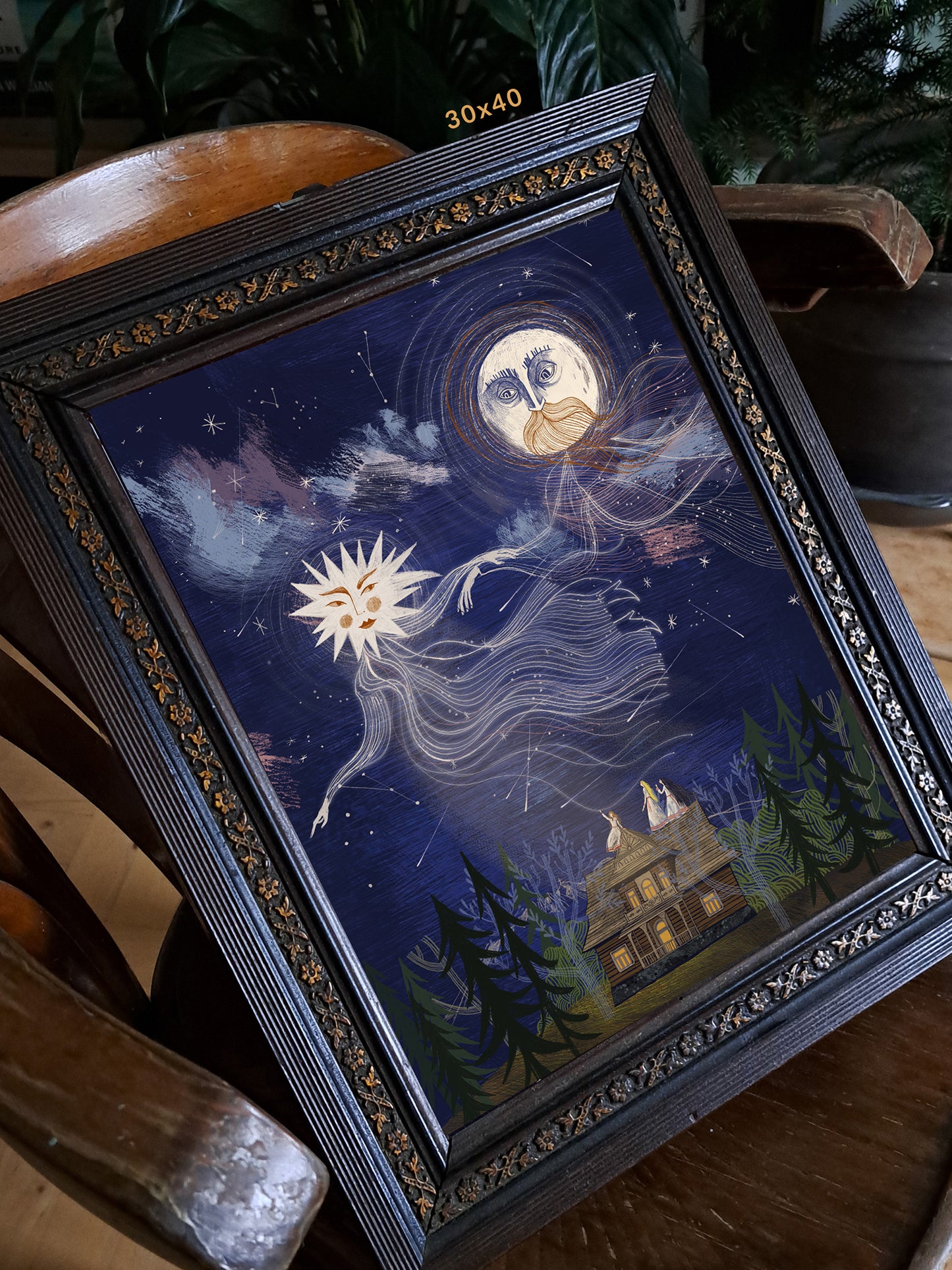 Wydruk Noc spełnionych marzeń w ciemnej ozdobnej ramie 30x40 cm – ilustracja z Jutrzenką, Księżycem i góralską chatą pod rozgwieżdżonym niebem