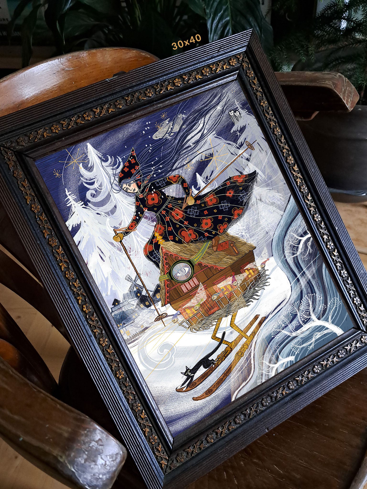 	Detal ilustracji „Odjazdowa Baba Jaga" – zbliżenie na postać Baby Jagi z czarnym kotem, styl folk art, wydruk Giclée Fine Art
