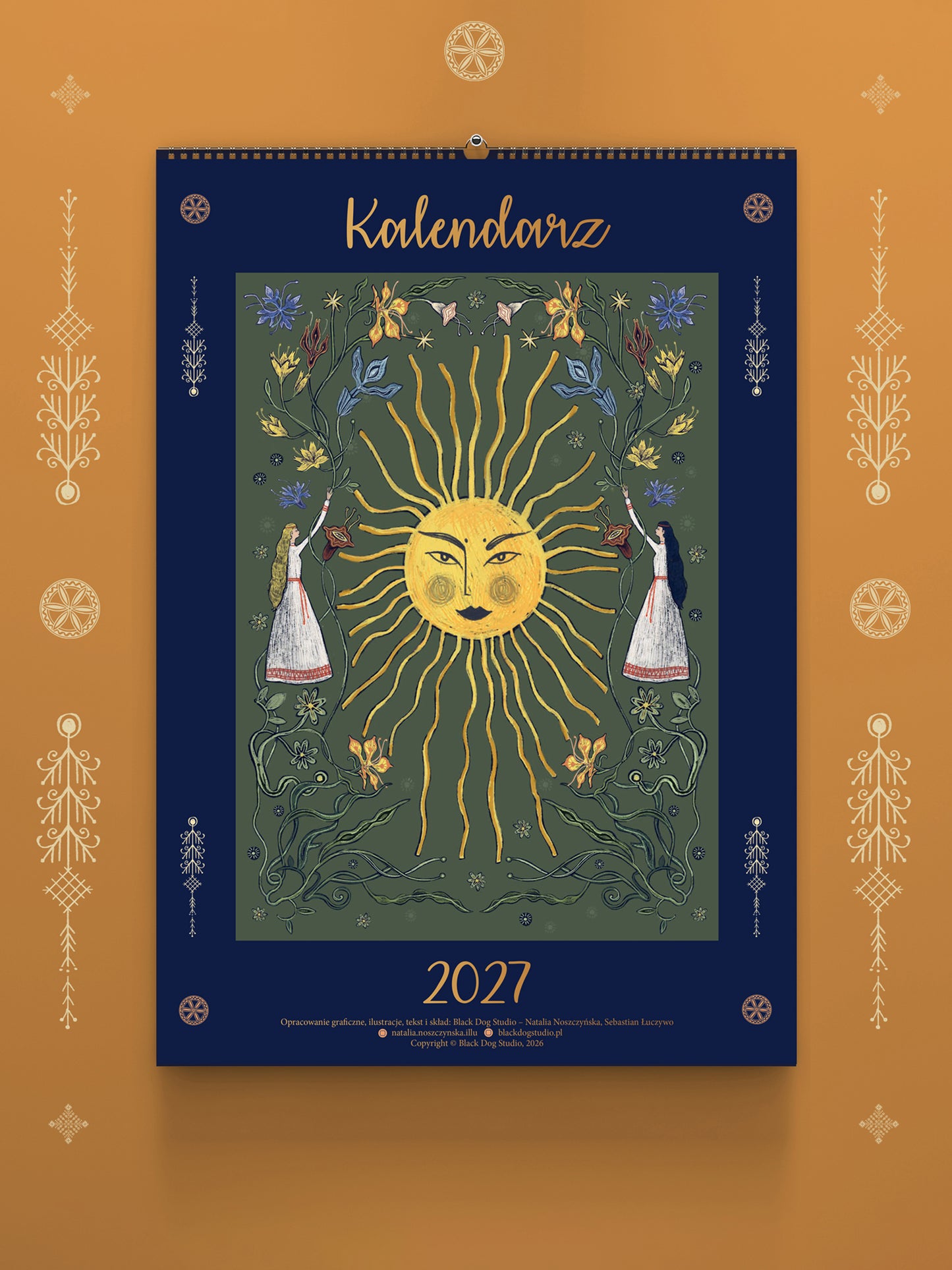 Kalendarz Słowiański 2027 z przyśpiewkami – okładka, format A3, spiralne bindowanie
