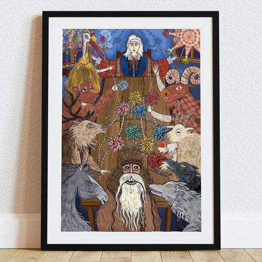 Ilustracja „Pająk Ludowy” przedstawiająca gospodynię i kolędników siedzących przy stole podczas wspólnego tworzenia barwnego pająka ludowego ze słomy i bibuły.