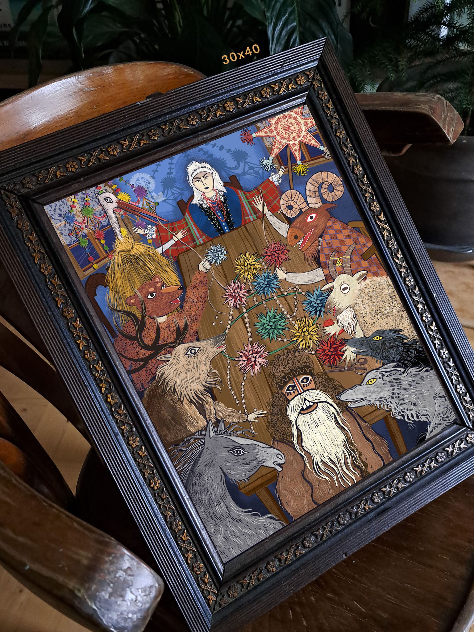 Detal ilustracji „Pająk Ludowy" – zbliżenie na kolędników przy stole tworzących tradycyjną ozdobę ludową, folk art print