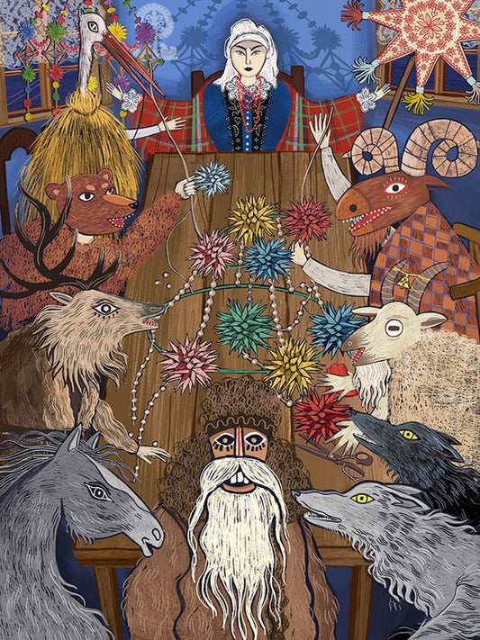 Wydruk artystyczny „Pająk Ludowy" Natalii Noszczyńskiej – detal barwnego pająka ze słomy i bibuły w świątecznej izbie, Giclée Fine Art