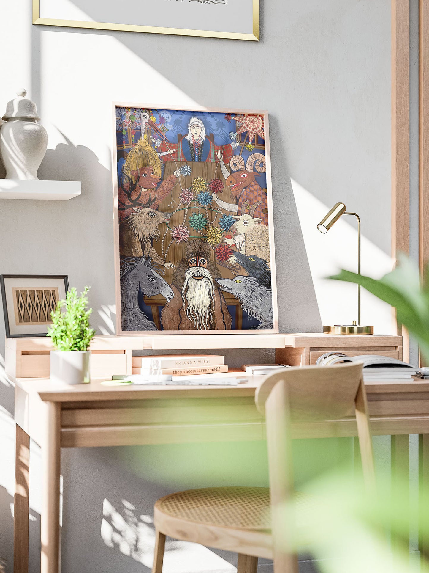 „Pająk Ludowy" – wydruk Giclée na papierze Fine Art Ilford Matt 235 gsm, nastrojowa ilustracja z gospodynią i kolędnikami przy stole