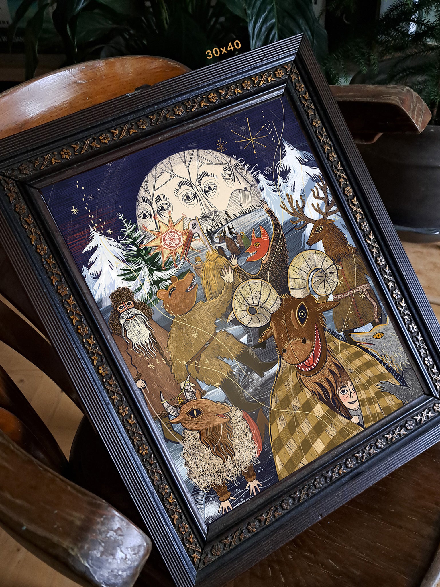 Detal ilustracji „Pochód Kolędników" – zbliżenie na Niedźwiedzia i postacie folkloru w zaśnieżonym krajobrazie, folk art print