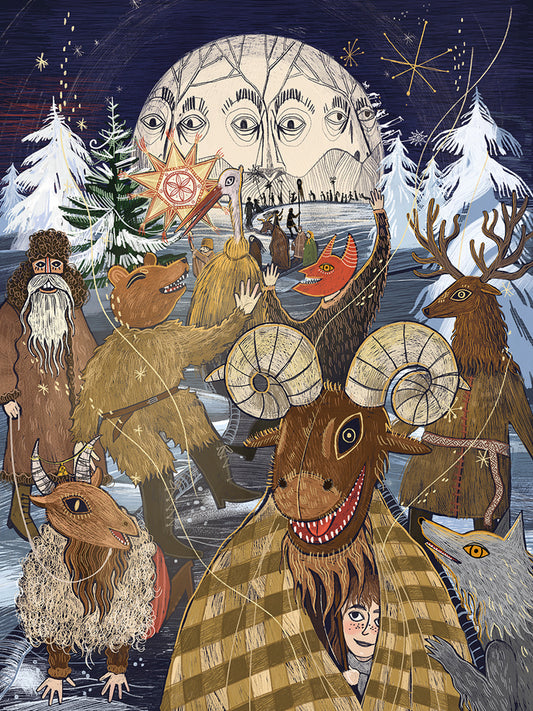 Wydruk artystyczny „Pochód Kolędników" Natalii Noszczyńskiej – zimowy korowód z Turoniem i Kozą pod księżycem o trzech twarzach, Giclée Fine Art