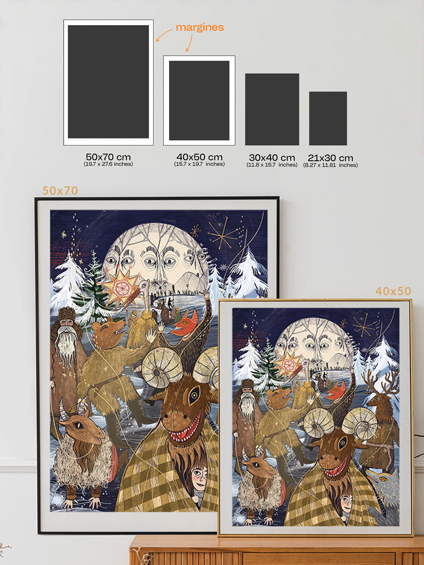 Ilustracja folklorystyczna „Pochód Kolędników" – barwny orszak kolędniczy nocą, inspirowana polskim folklorem i tradycją zimowych obrzędów