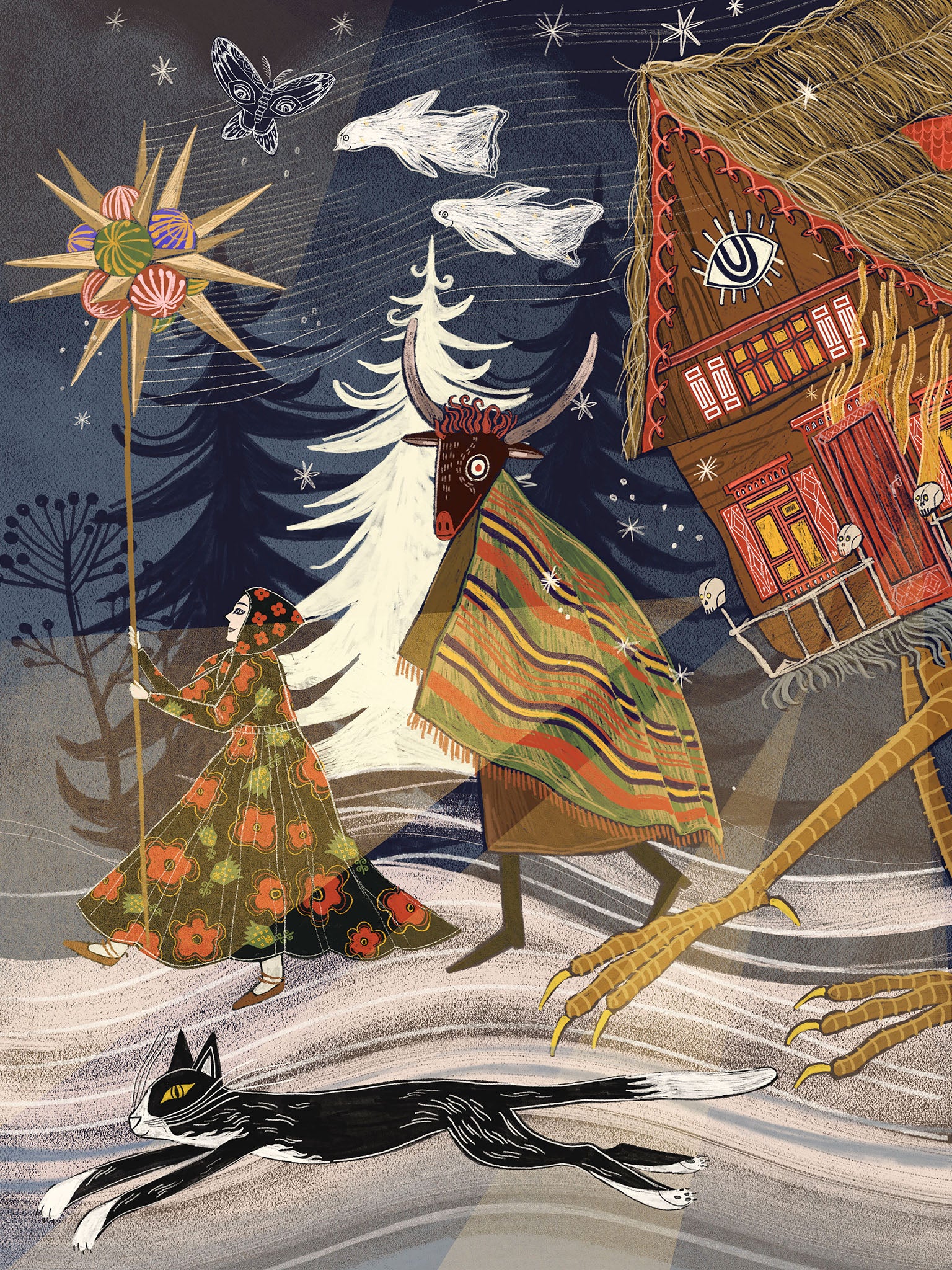 Wydruk artystyczny „Pochód Noworoczny Baby Jagi" Natalii Noszczyńskiej – Baba Jaga z Turoniem i chatką na kurzej stopie, Giclée Fine Art