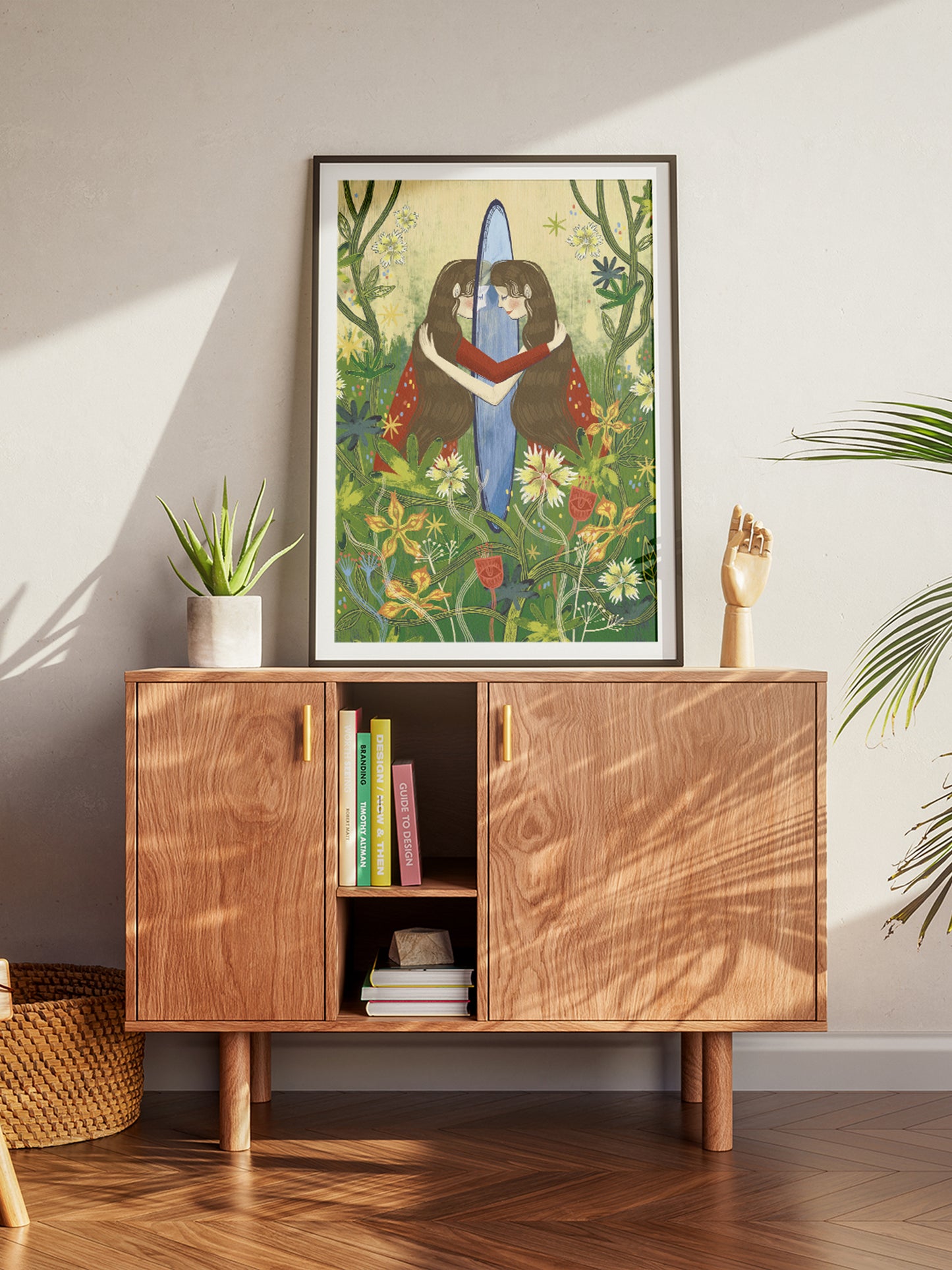Ilustracja „Pokochaj Siebie" – kobieta i jej lustrzane odbicie wśród kwiatów, symbol akceptacji i siły