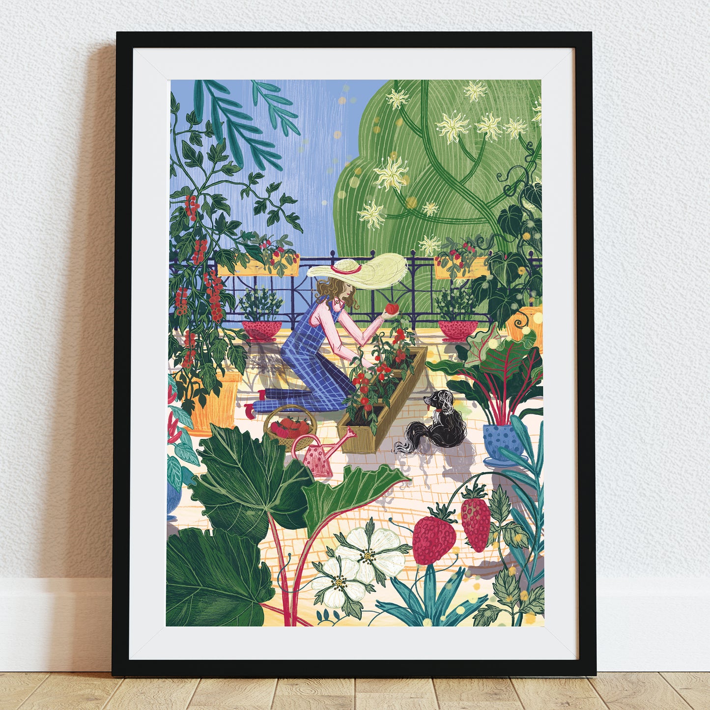 Ilustracja „Sezon Pomidorów” przedstawiająca młodą kobietę pielęgnującą dojrzewające pomidory w bujnym letnim ogrodzie, w towarzystwie małego psa.