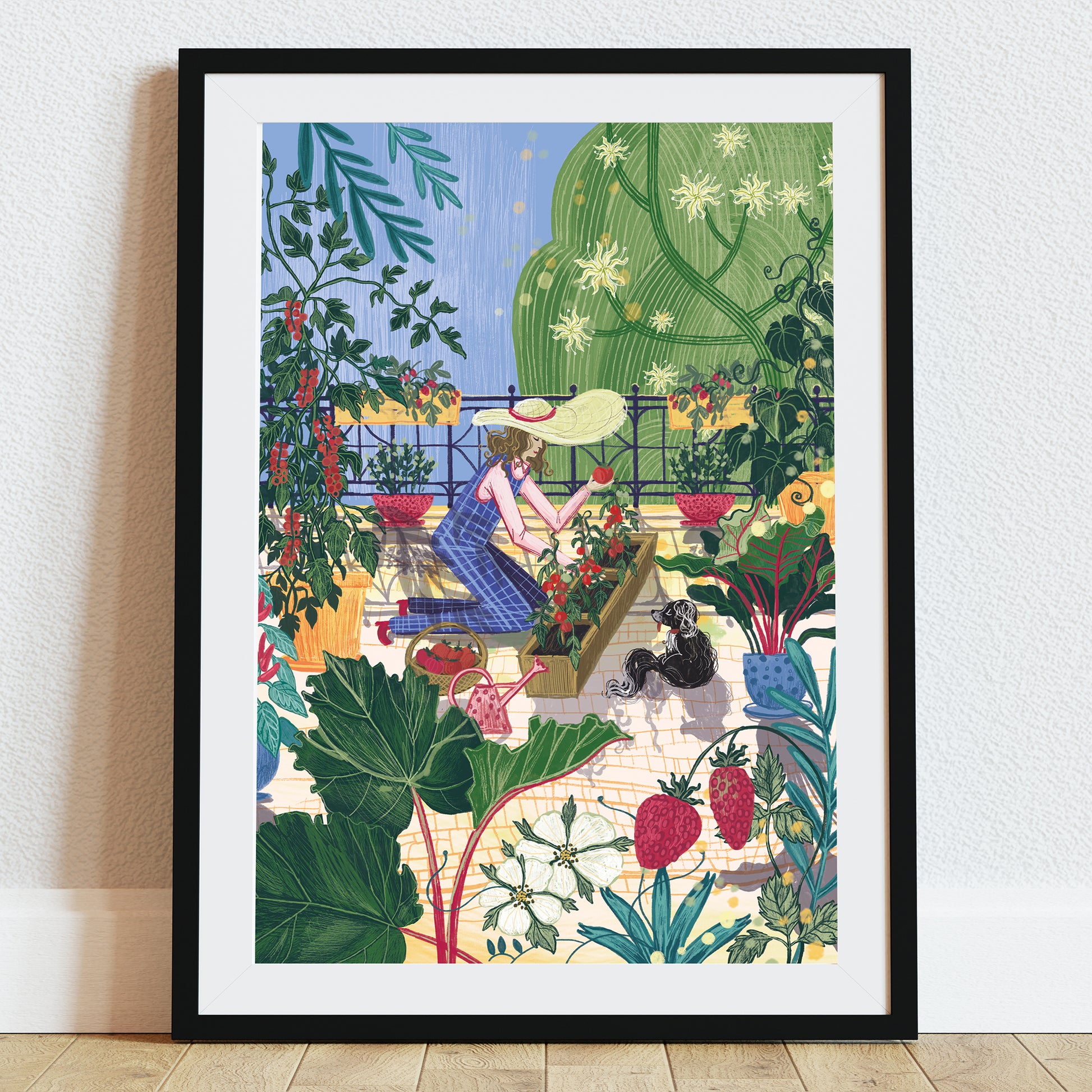 Ilustracja „Sezon Pomidorów” przedstawiająca młodą kobietę pielęgnującą dojrzewające pomidory w bujnym letnim ogrodzie, w towarzystwie małego psa.