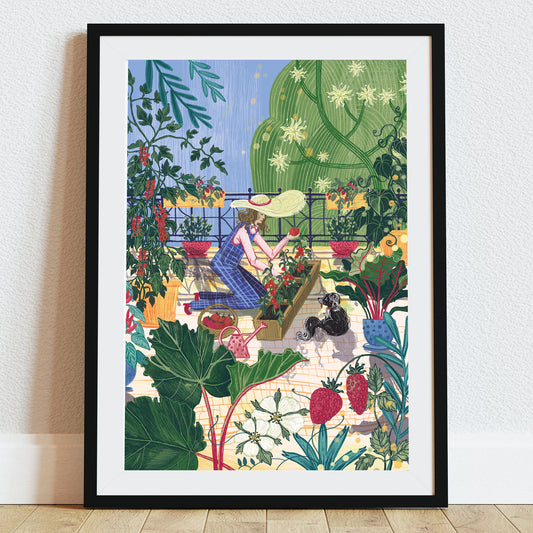 Ilustracja „Sezon Pomidorów” przedstawiająca młodą kobietę pielęgnującą dojrzewające pomidory w bujnym letnim ogrodzie, w towarzystwie małego psa.