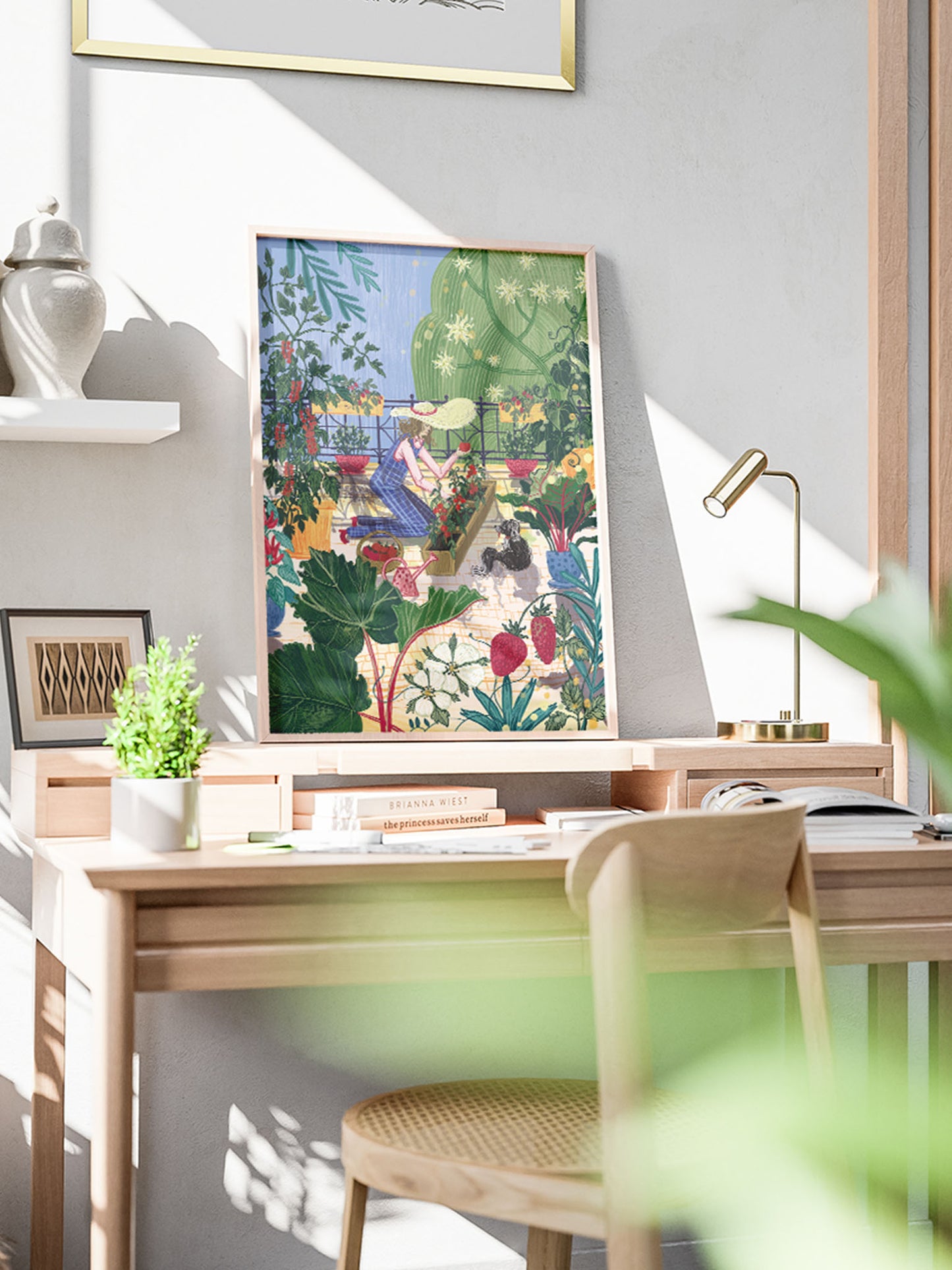 Ilustracja „Sezon Pomidorów" – kobieta z psem wśród pomidorów, nastrojowa scena letniego ogrodu