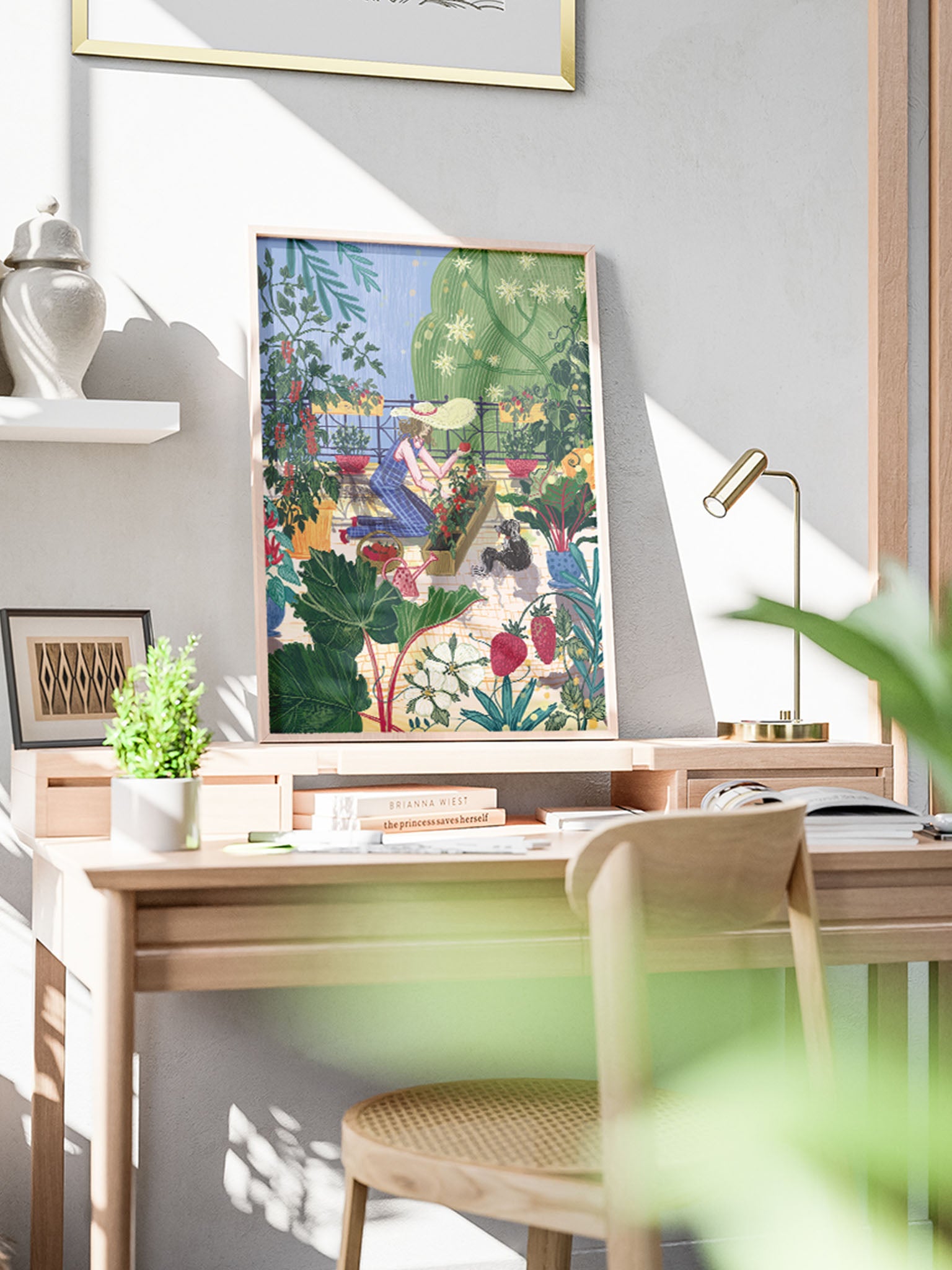 Ilustracja „Sezon Pomidorów" – kobieta z psem wśród pomidorów, nastrojowa scena letniego ogrodu