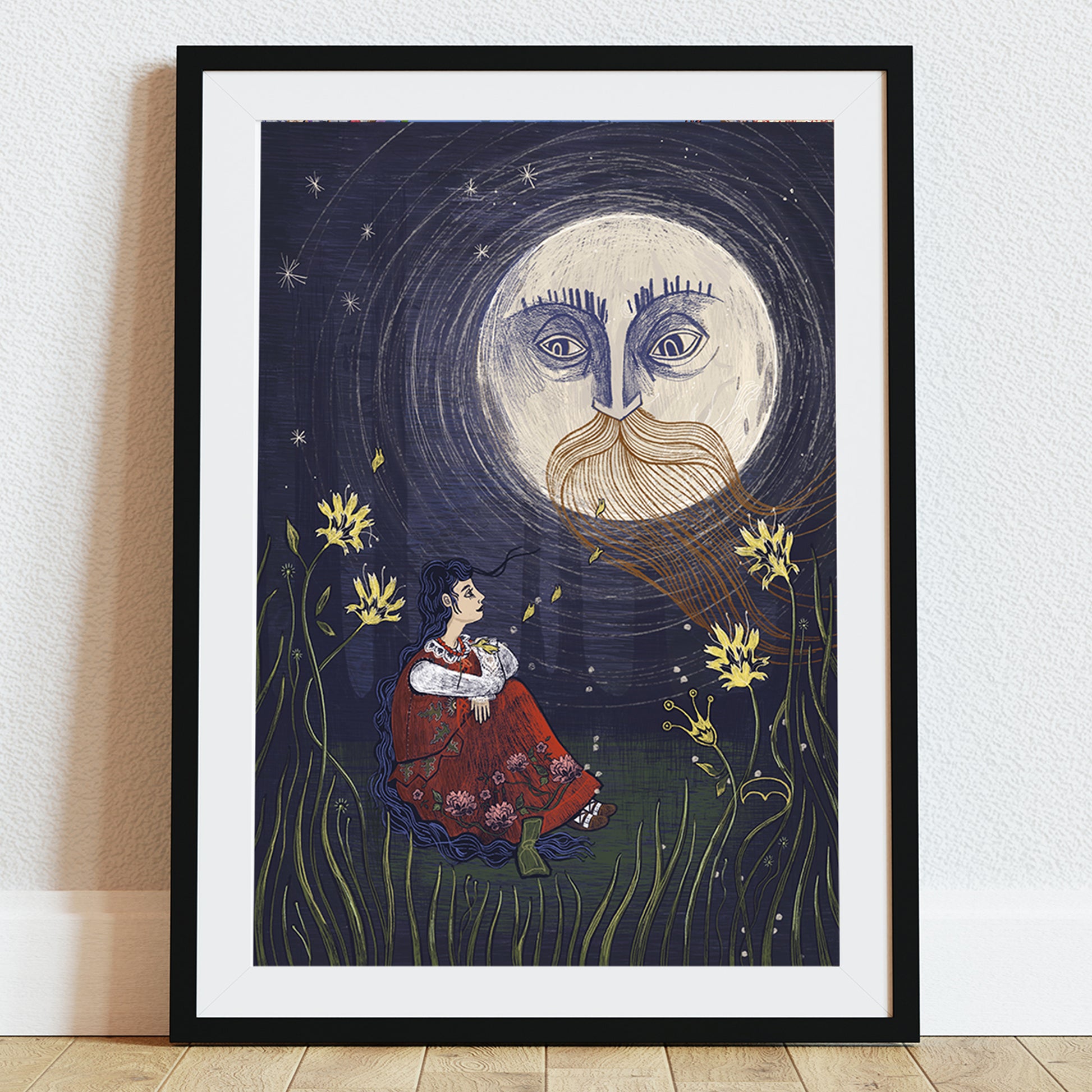 Ilustracja „Powiernik” przedstawiająca młodą kobietę w stroju krakowskim siedzącą wśród kwiatów pod brodatym księżycem na tle nocnego nieba.
