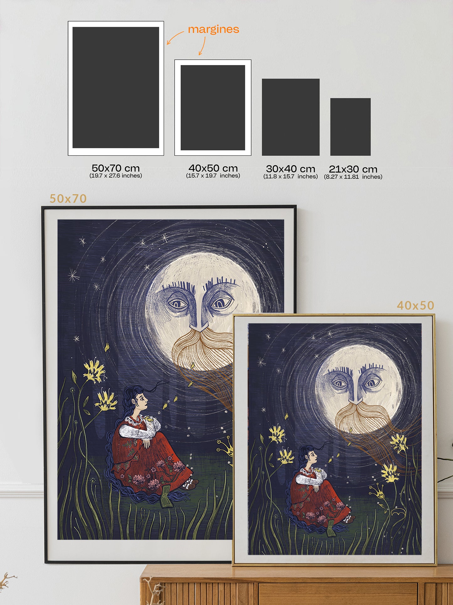 Ilustracja folklorystyczna „Powiernik" – symboliczna scena z kobietą i antropomorficznym księżycem, inspirowana polskim folklorem krakowskim