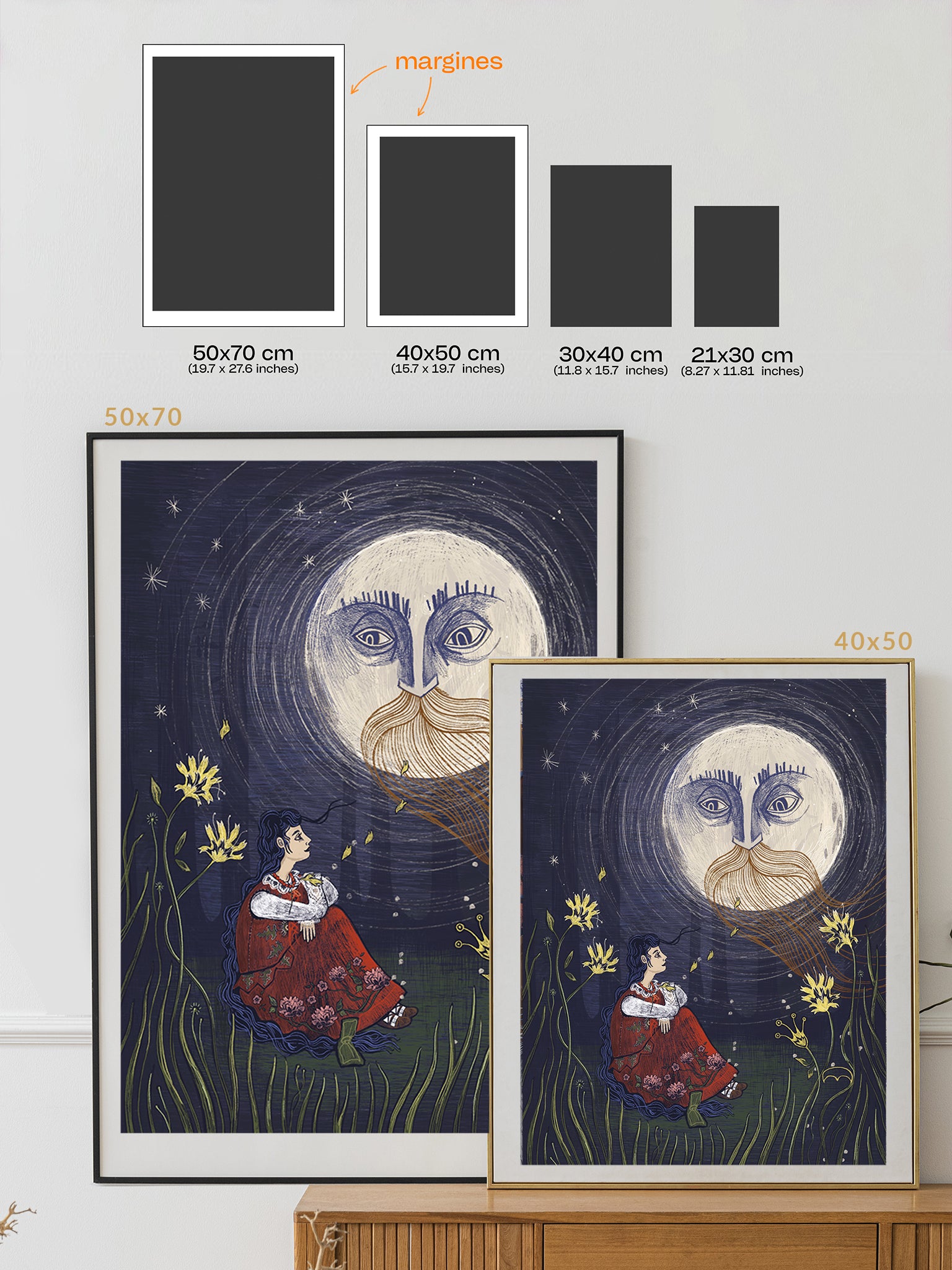 Ilustracja folklorystyczna „Powiernik" – symboliczna scena z kobietą i antropomorficznym księżycem, inspirowana polskim folklorem krakowskim