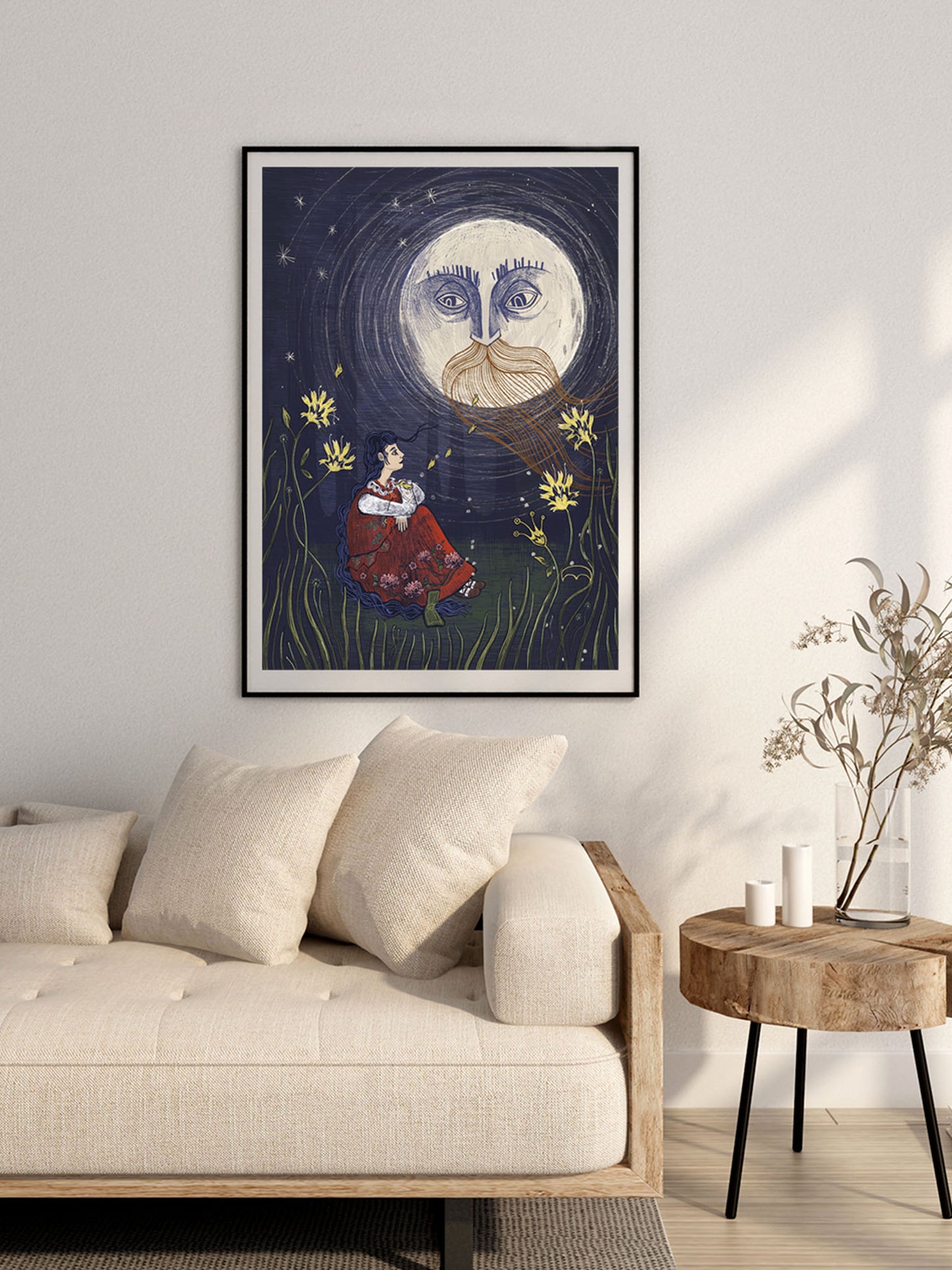Ilustracja „Powiernik" – symboliczna scena z brodatym księżycem i kobietą w ludowym stroju, wydruk artystyczny Black Dog Studio