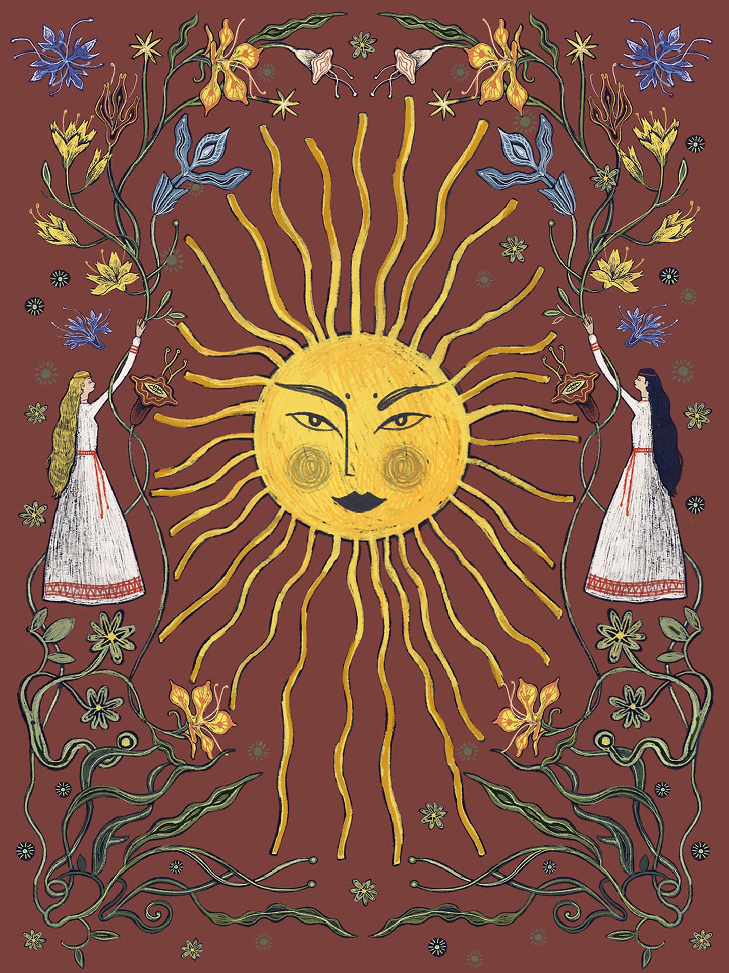 Autorska ilustracja „Letnie przesilenie bordo" Natalii Noszczyńskiej – kobiece Słońce z twarzą, dwie kobiety w lnianych sukniach i letnie kwiaty na bordowym tle, folk art print