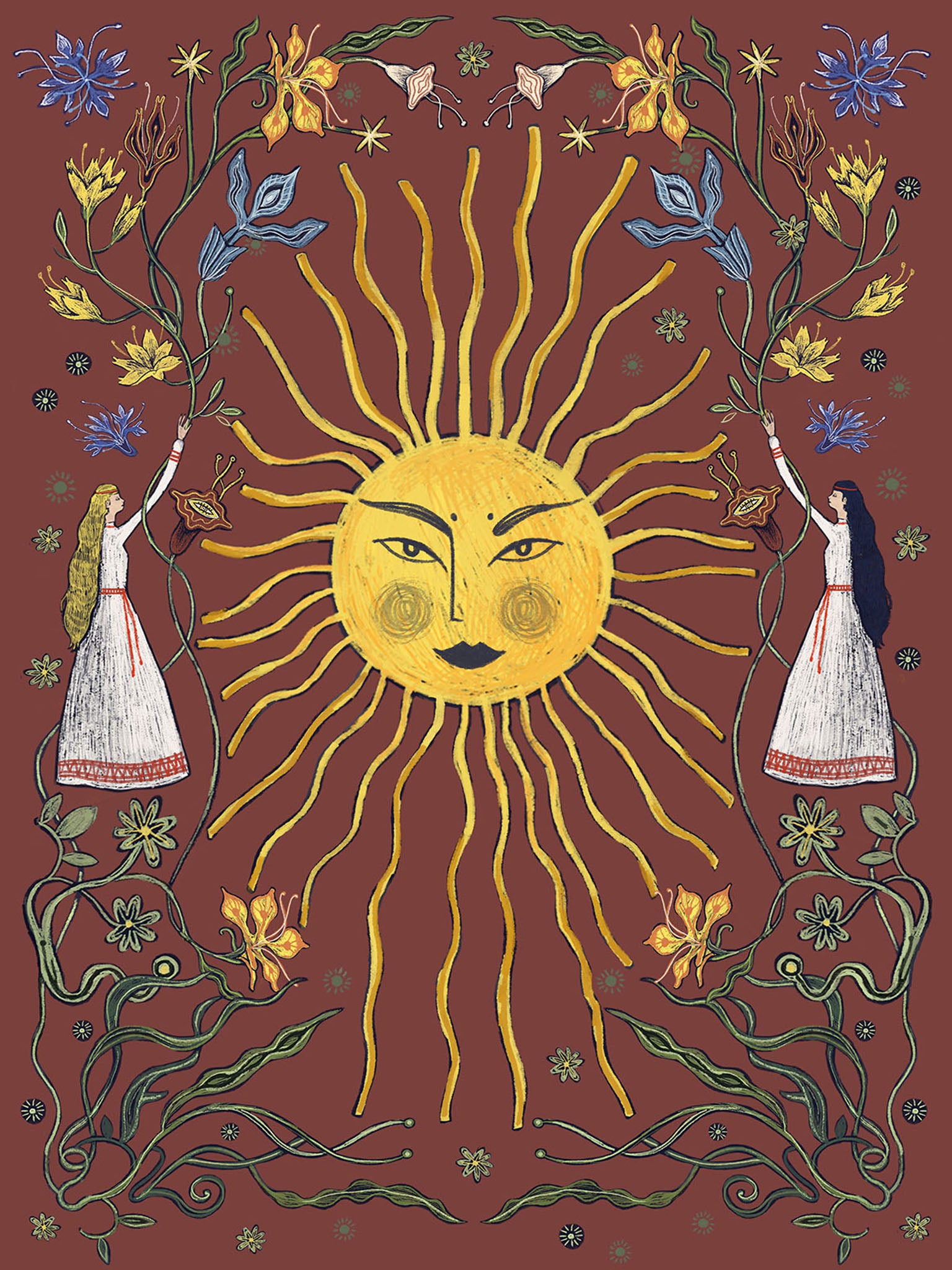 Autorska ilustracja „Letnie przesilenie bordo" Natalii Noszczyńskiej – kobiece Słońce z twarzą, dwie kobiety w lnianych sukniach i letnie kwiaty na bordowym tle, folk art print