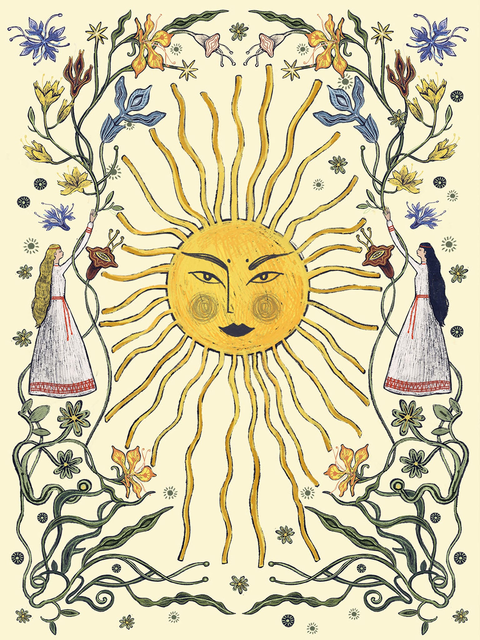 Autorska ilustracja „Letnie przesilenie krem" Natalii Noszczyńskiej – słowiańskie słońce, letnia flora i dwie postacie na kremowym tle, folk art print