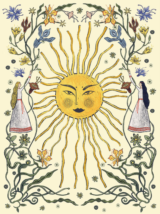 Autorska ilustracja „Letnie przesilenie krem" Natalii Noszczyńskiej – słowiańskie słońce, letnia flora i dwie postacie na kremowym tle, folk art print
