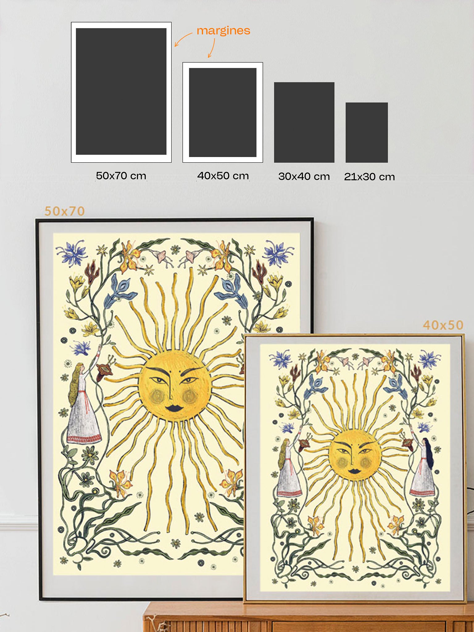 Porównanie rozmiarów wydruku „Letnie przesilenie krem" – dostępne formaty 21×30, 30×40, 40×50 i 50×70 cm, wydruk Giclée Fine Art