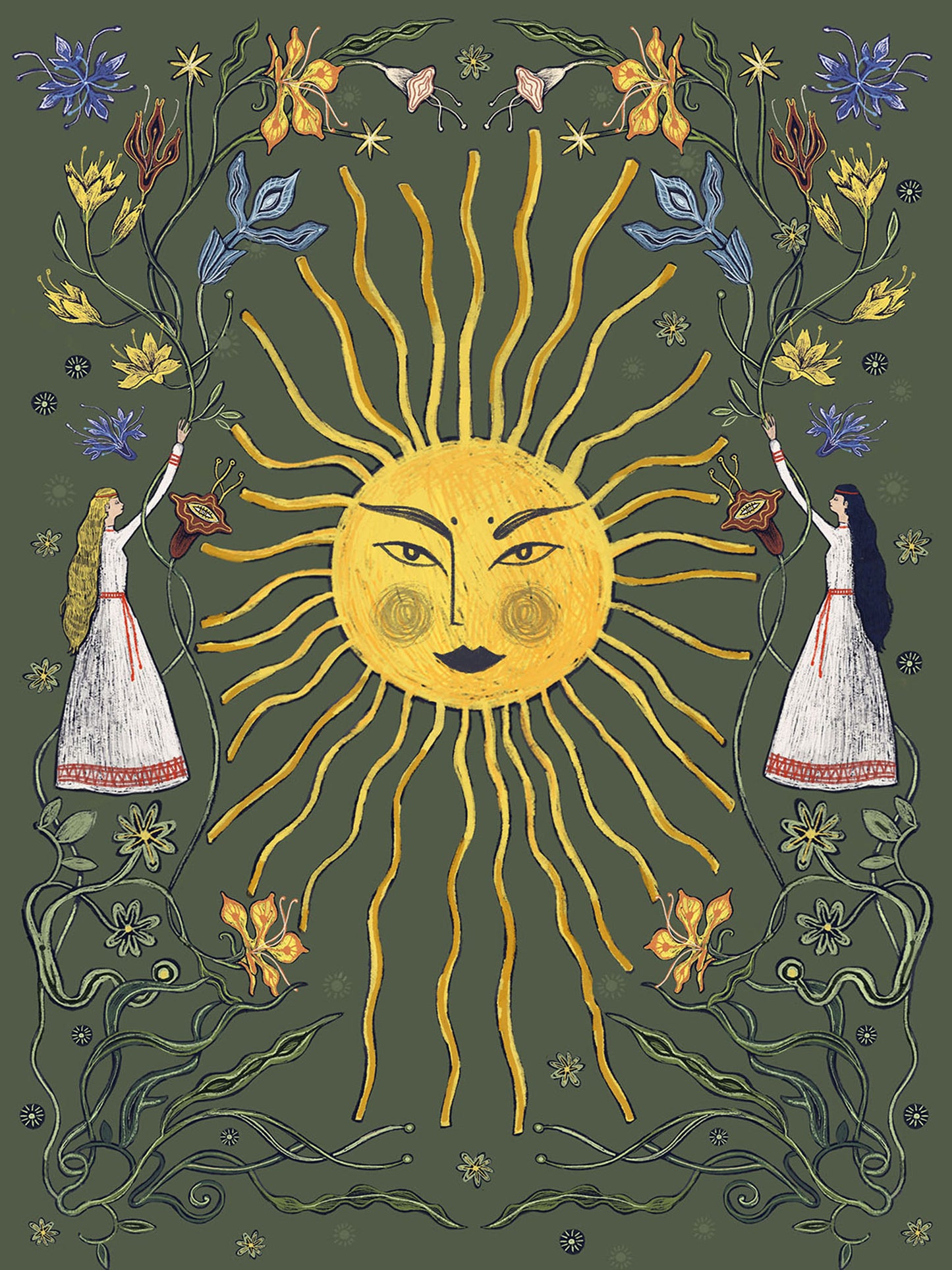 Ilustracja „Letnie przesilenie" w wersji zielonej – kobiece Słońce z twarzą, dwie kobiety w lnianych sukniach i letnie kwiaty na zielonym tle, wydruk Giclée Fine Art