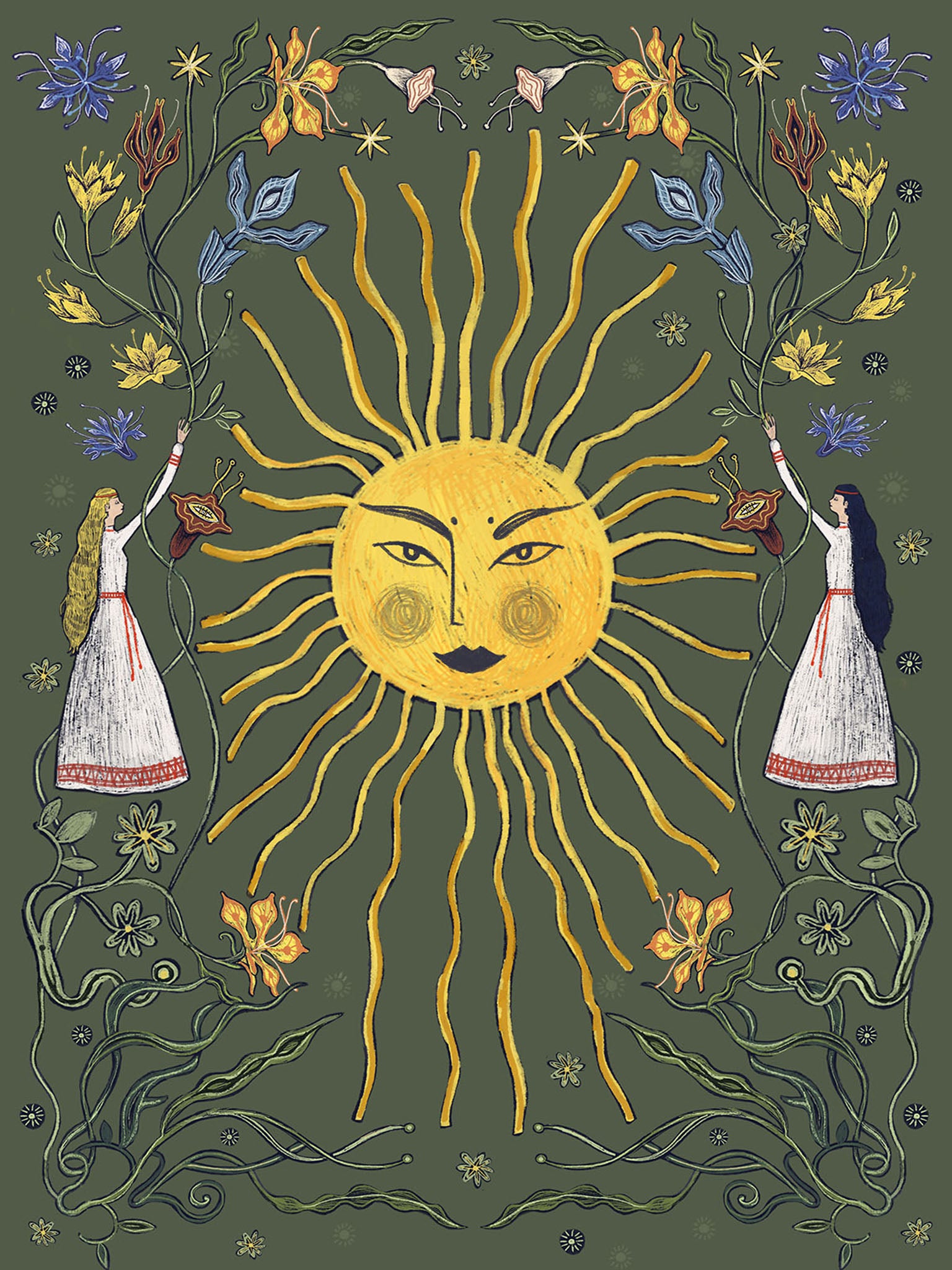 Ilustracja „Letnie przesilenie" w wersji zielonej – kobiece Słońce z twarzą, dwie kobiety w lnianych sukniach i letnie kwiaty na zielonym tle, wydruk Giclée Fine Art