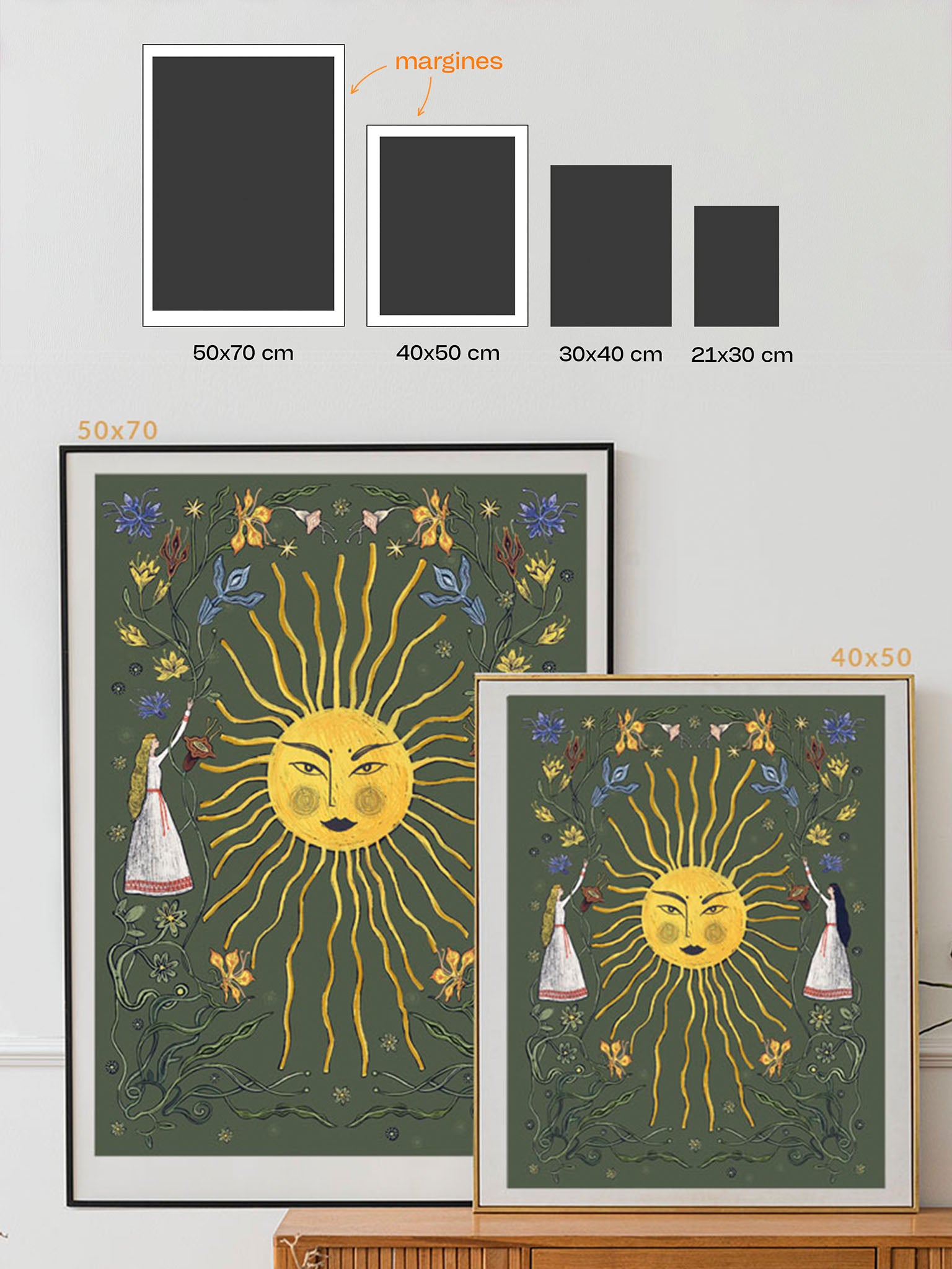 Porównanie rozmiarów wydruku „Letnie przesilenie zieleń" – dostępne formaty 21×30, 30×40, 40×50 i 50×70 cm, wydruk Giclée Fine Art