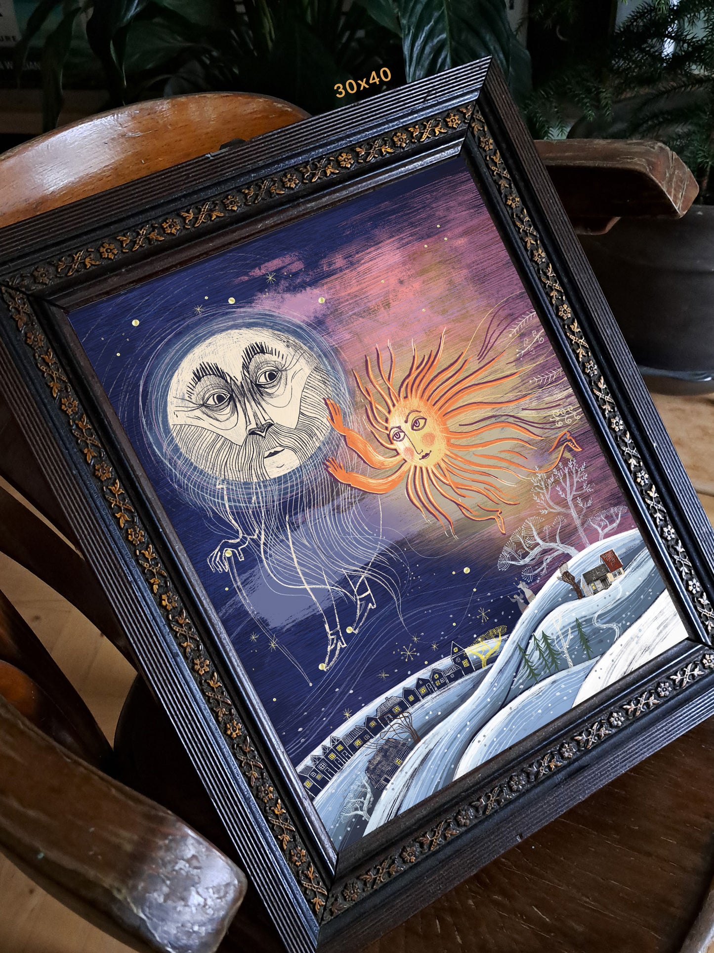 Detal ilustracji „Między Słońcem a Księżycem" – zbliżenie na folklorystyczne motywy słoneczne i księżycowe, folk art print