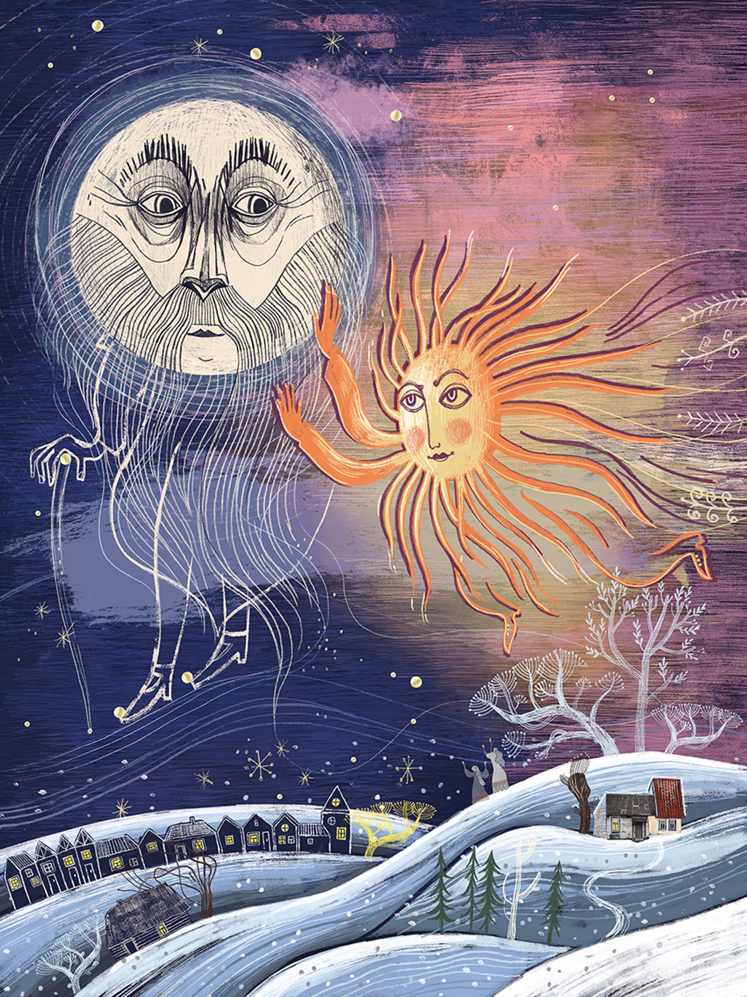 Wydruk artystyczny „Między Słońcem a Księżycem" Natalii Noszczyńskiej – surrealistyczna scena z motywami słońca i księżyca, Giclée Fine Art