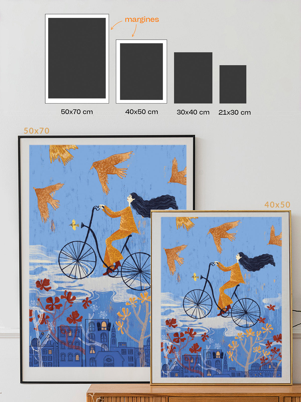 Porównanie rozmiarów wydruku „Bujanie w obłokach”: 21 × 30, 30 × 40, 40 × 50 i 50 × 70 cm, z zaznaczonymi białymi marginesami większych formatów.