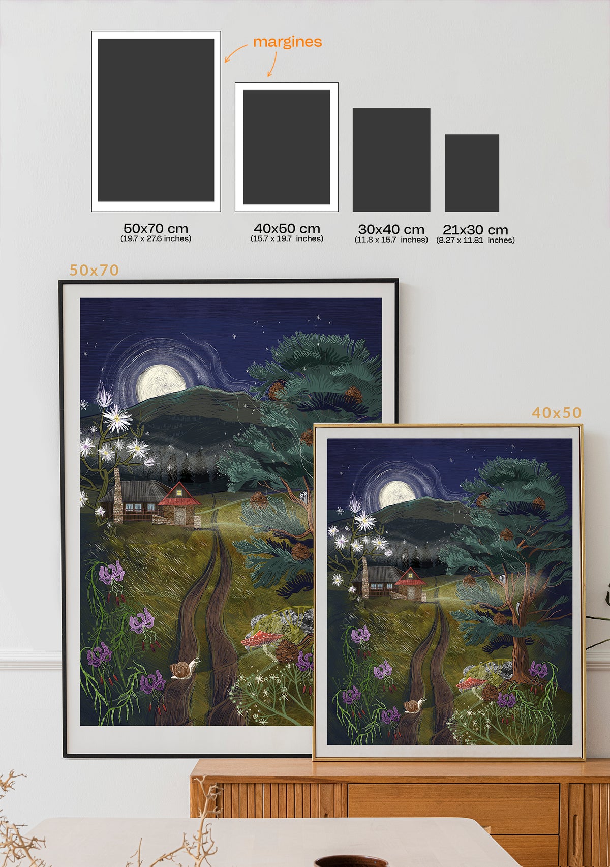 Porównanie formatów wydruku Spokojna droga: 21 × 30, 30 × 40, 40 × 50 i 50 × 70 cm, z białym marginesem w dwóch większych rozmiarach.
