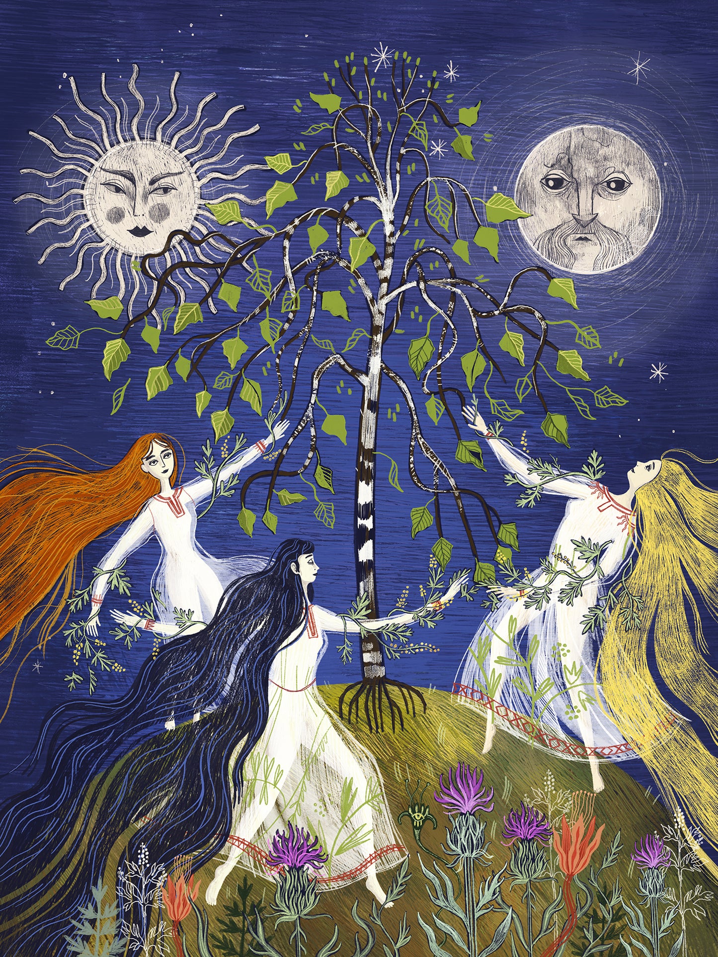 Detal ilustracji „Stado" – zbliżenie na tańczące kobiety w białych sukniach wokół młodej brzozy w nocnej scenerii, folk art print