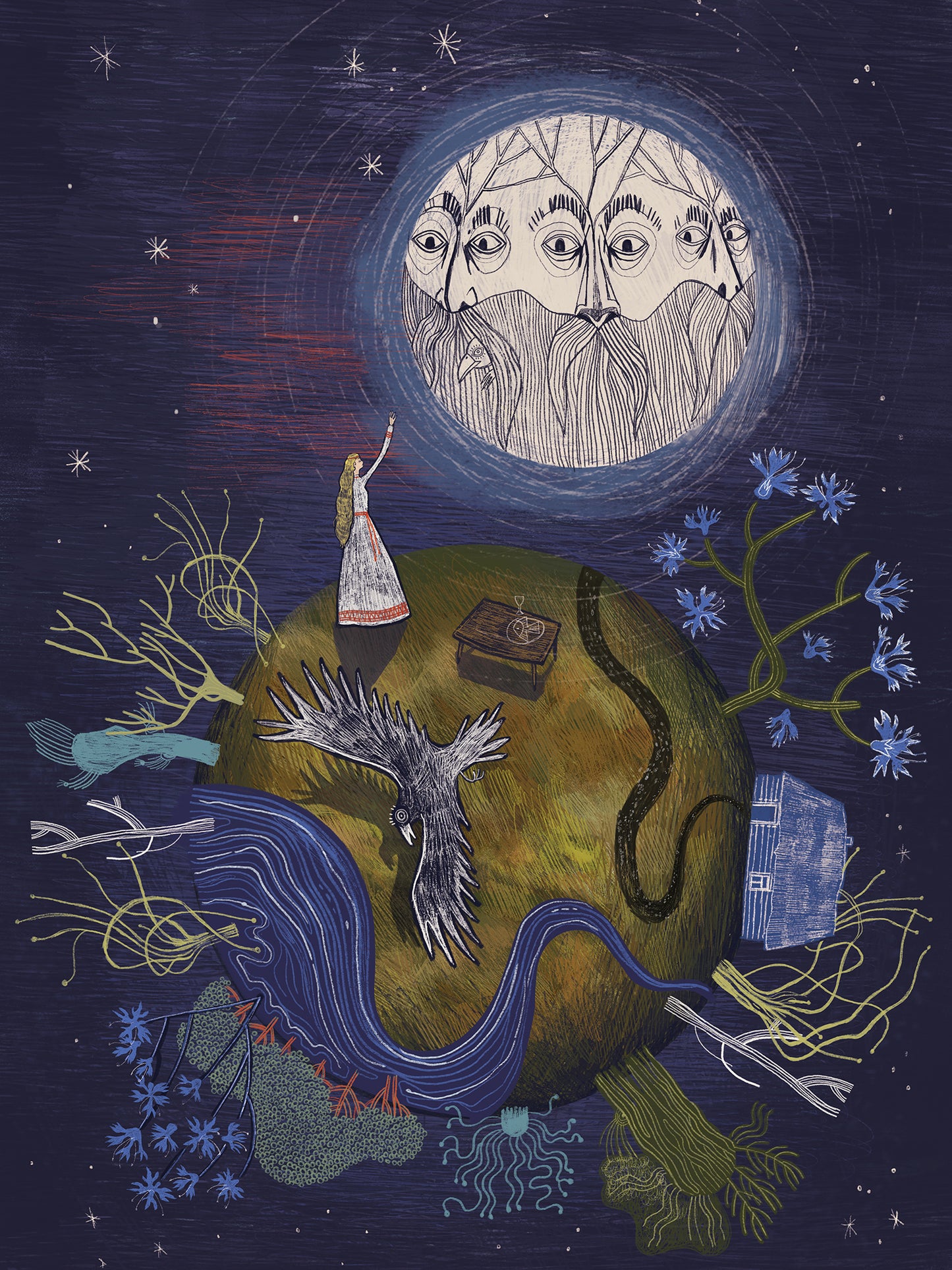 Wydruk artystyczny „Słowiański Świat" Natalii Noszczyńskiej – kobieta na kuli ziemskiej z chatą i krukiem pod księżycem o trzech twarzach, Giclée Fine Art