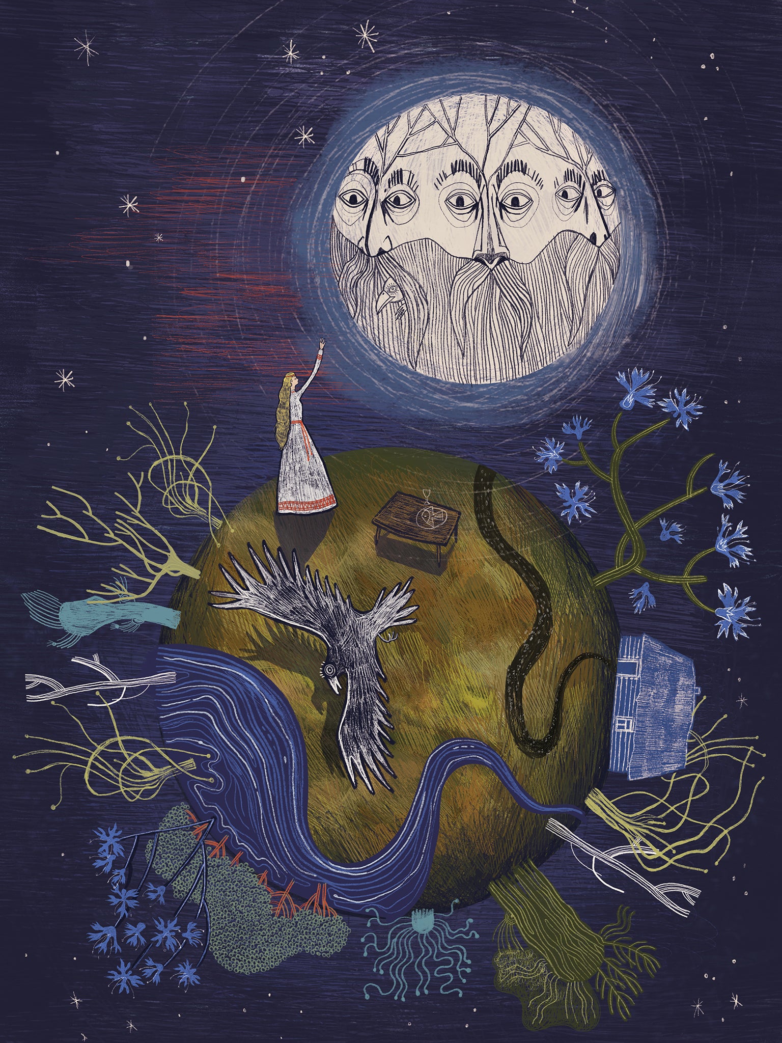 Wydruk artystyczny „Słowiański Świat" Natalii Noszczyńskiej – kobieta na kuli ziemskiej z chatą i krukiem pod księżycem o trzech twarzach, Giclée Fine Art