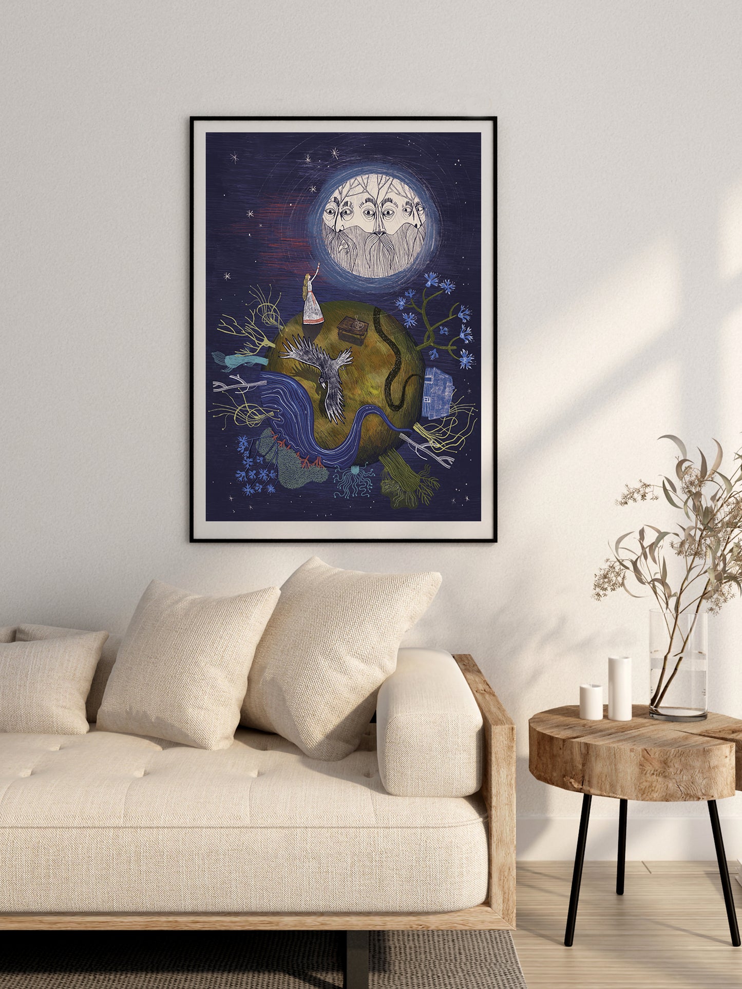 Ilustracja „Słowiański Świat" – symboliczna scena z chatą, krukiem i nocnym niebem, wydruk artystyczny Black Dog Studio