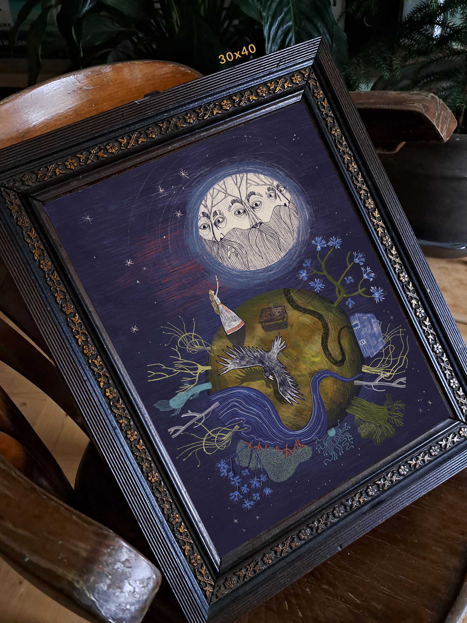 Detal ilustracji „Słowiański Świat" – zbliżenie na kobietę z rzeką i chatą na miniaturowej kuli ziemskiej, folk art print
