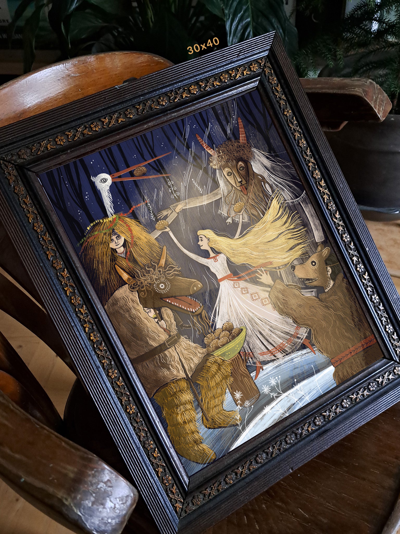 Detal ilustracji „Zapusty" – zbliżenie na tańczącą dziewczynę z pączkami wśród ludowych postaci karnawałowych, folk art print
