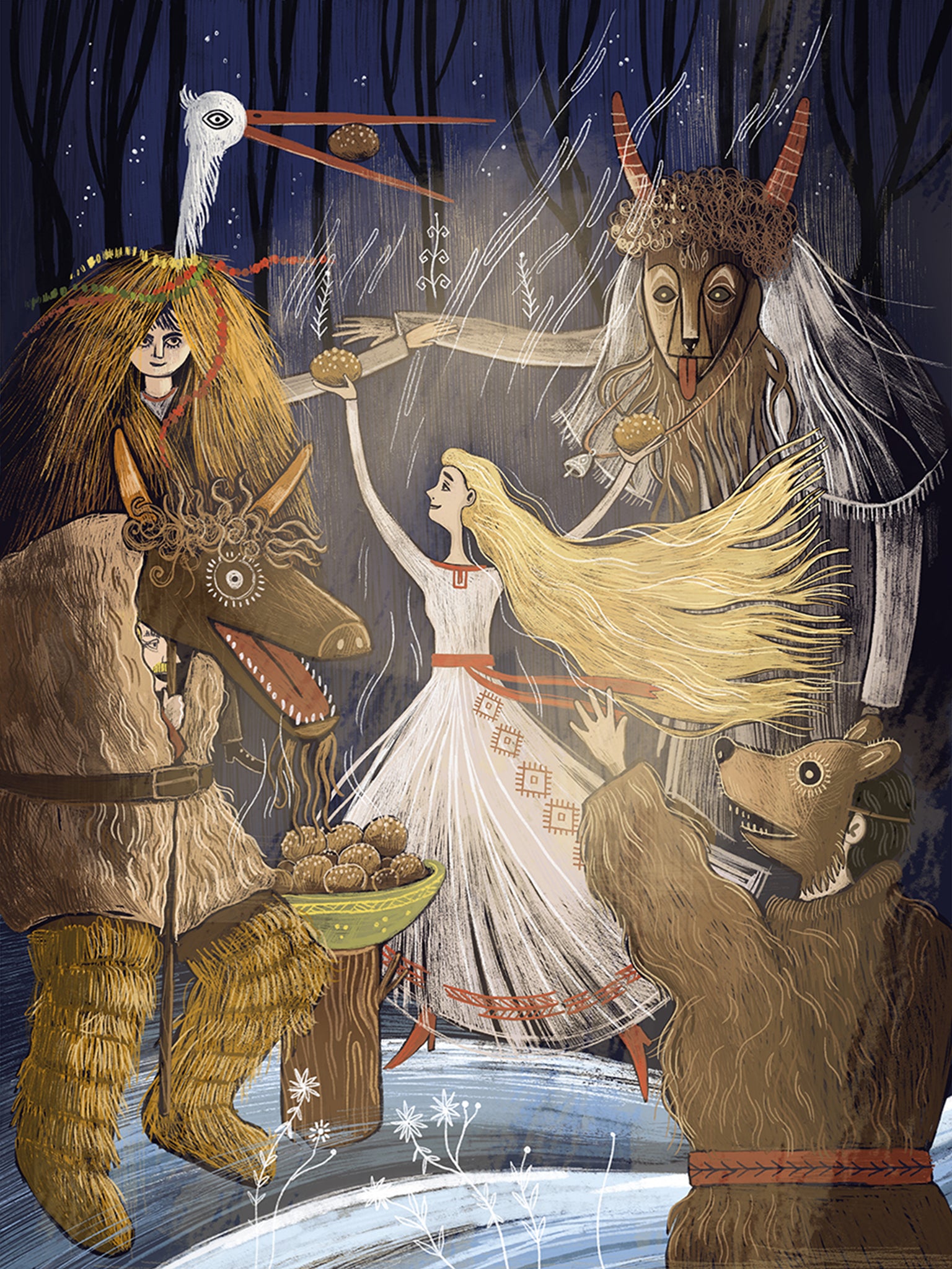 Wydruk artystyczny „Zapusty" Natalii Noszczyńskiej – karnawałowy korowód z Turoniem, Bocianem i Diabłem w zimowej nocnej scenerii, Giclée Fine Art