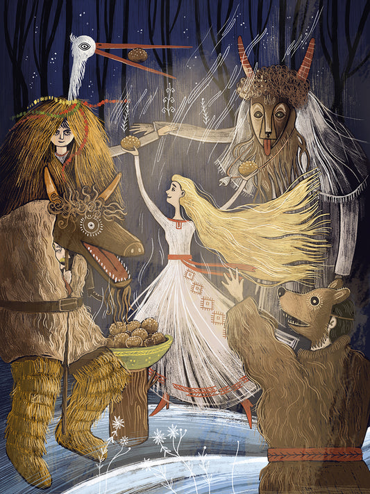 Wydruk artystyczny „Zapusty" Natalii Noszczyńskiej – karnawałowy korowód z Turoniem, Bocianem i Diabłem w zimowej nocnej scenerii, Giclée Fine Art