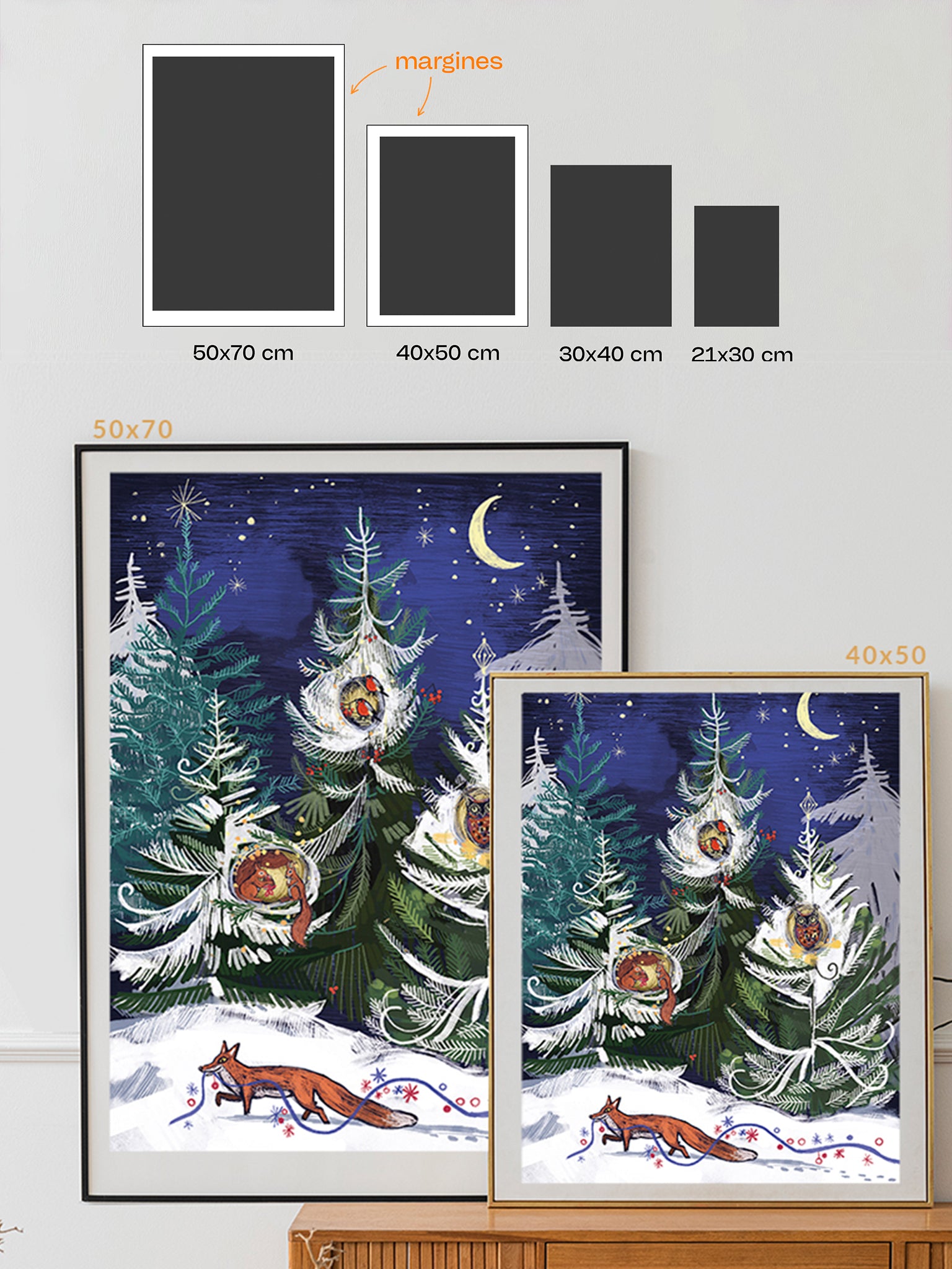  Infografika z dostępnymi rozmiarami wydruku „Opowieści Wigilijne": 50x70 cm, 40x50 cm, 30x40 cm i 21x30 cm – porównanie wielkości w ramach na ścianie